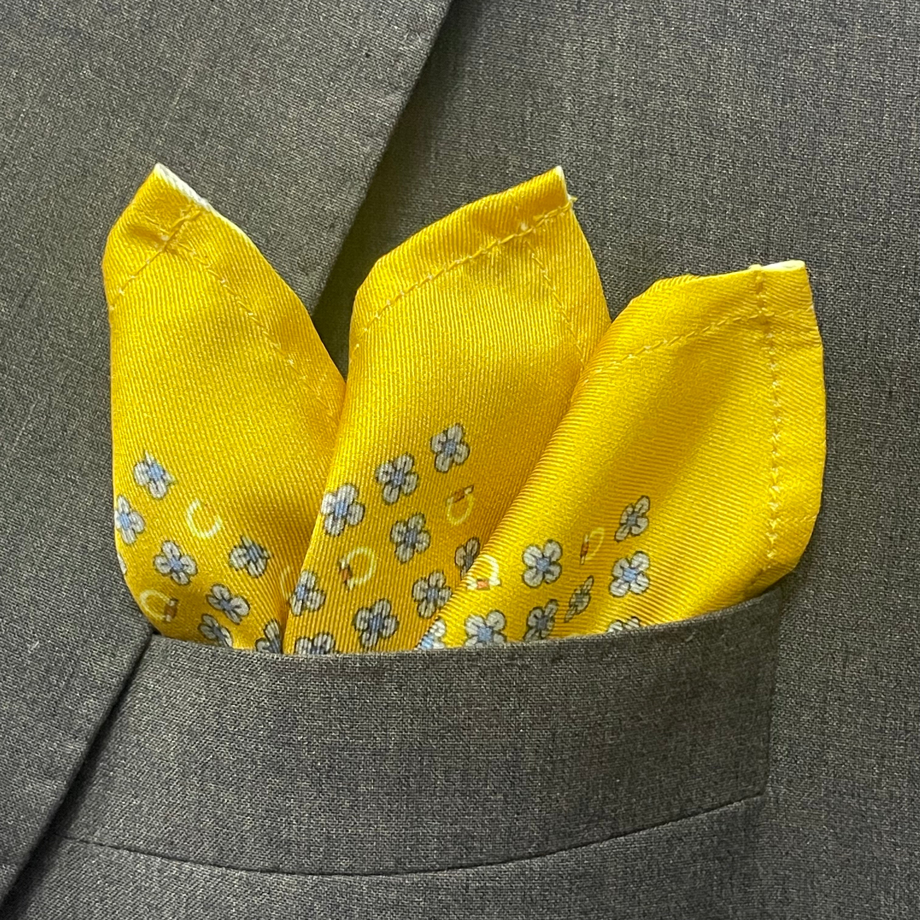 14 by 14 inches Mustard Yellow with Blue Floral Pocket Square