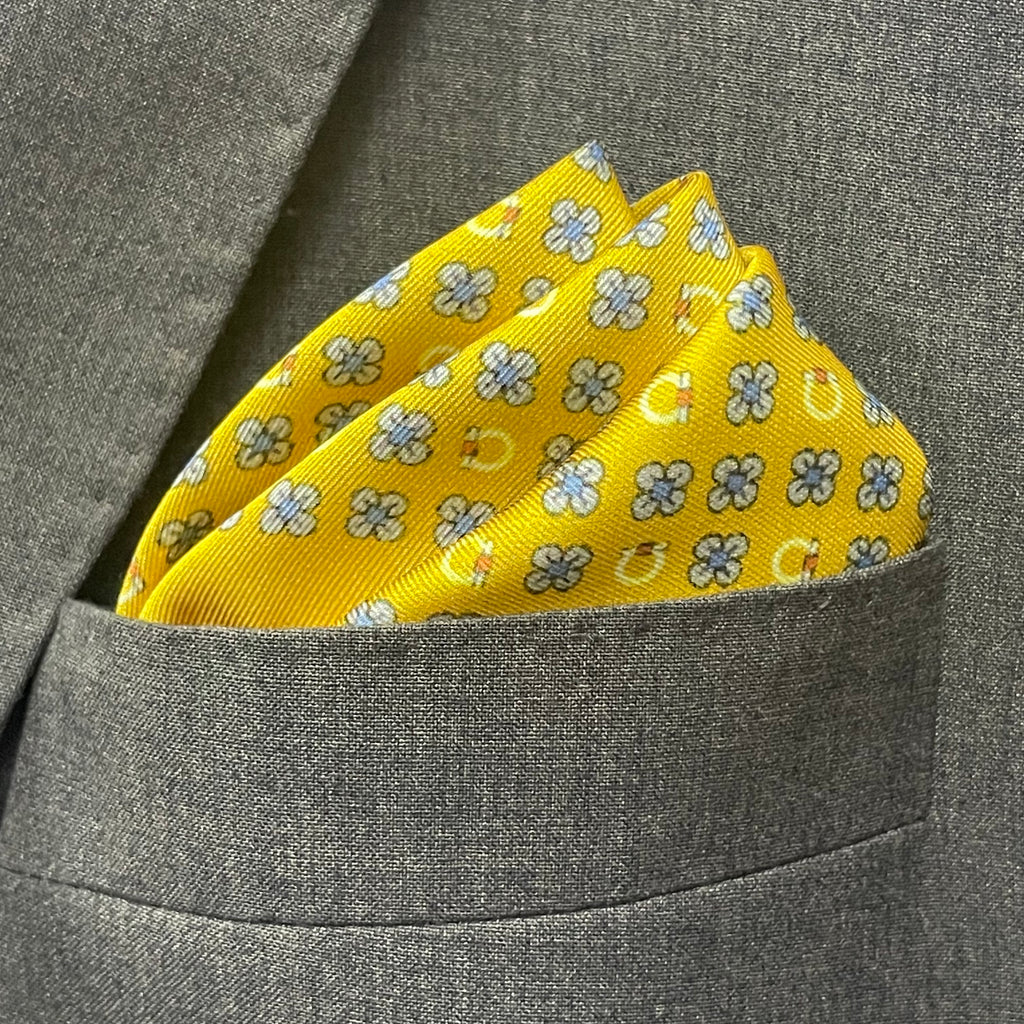 14 by 14 inches Mustard Yellow with Blue Floral Pocket Square