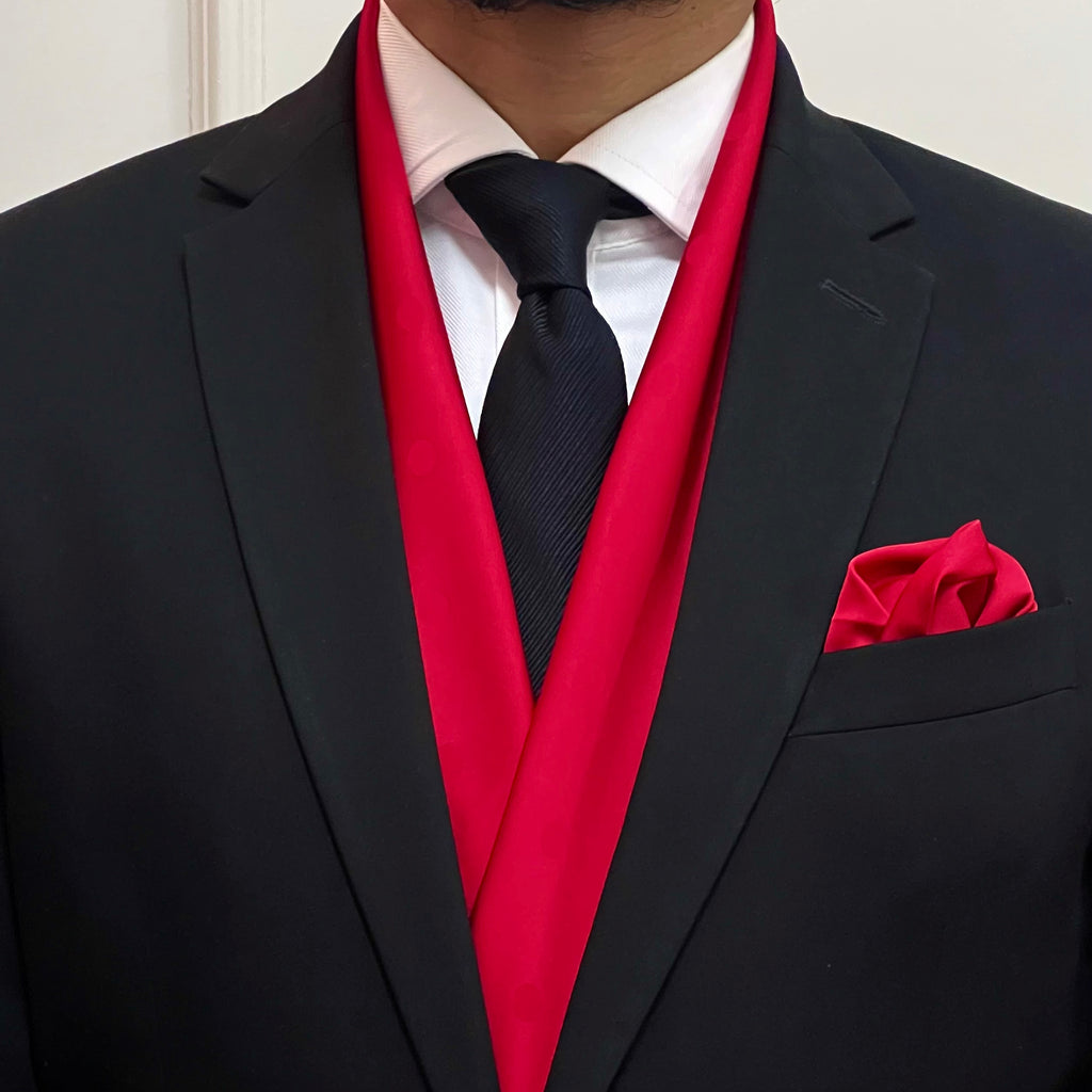 Bright Red Self-design Scarf and Pocket Square Set