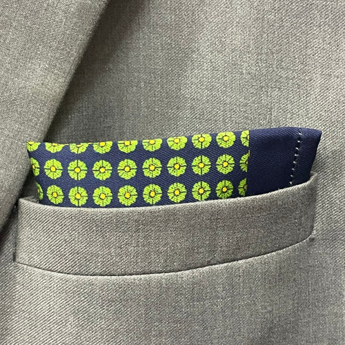 14 by 14 inches Navy & Lime Medallion Pocket Square