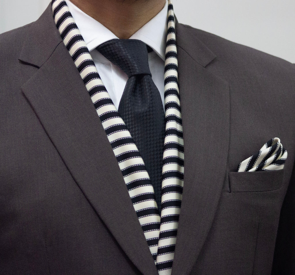 Cream and Black Striped Scarf and Pocket Square Set