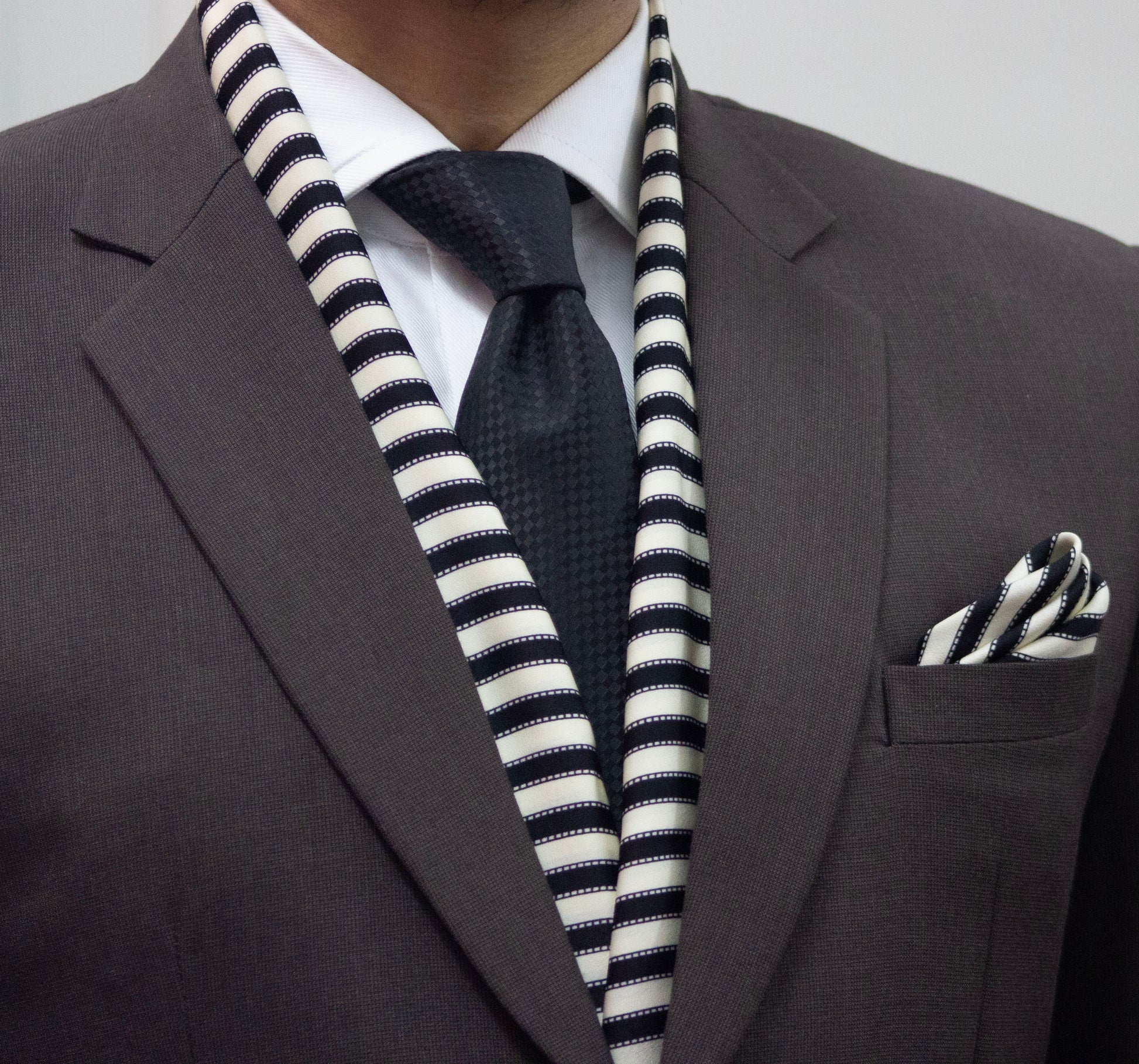Cream and Black Striped Scarf and Pocket Square Set