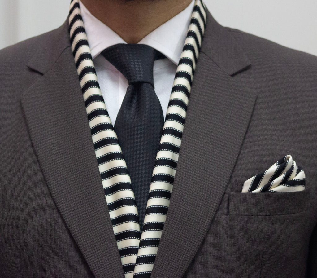 Cream and Black Striped Scarf and Pocket Square Set