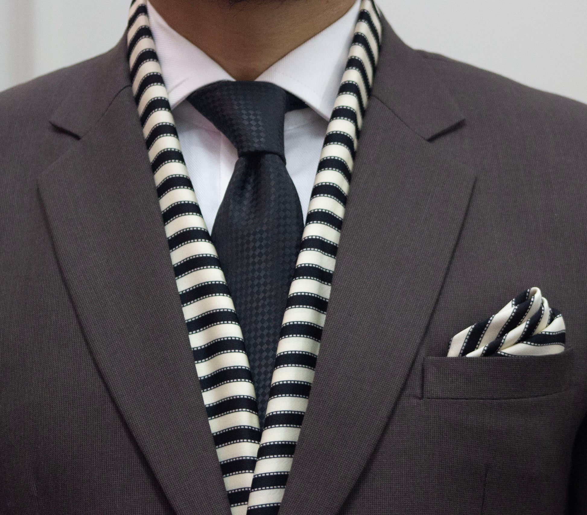 Cream and Black Striped Scarf and Pocket Square Set