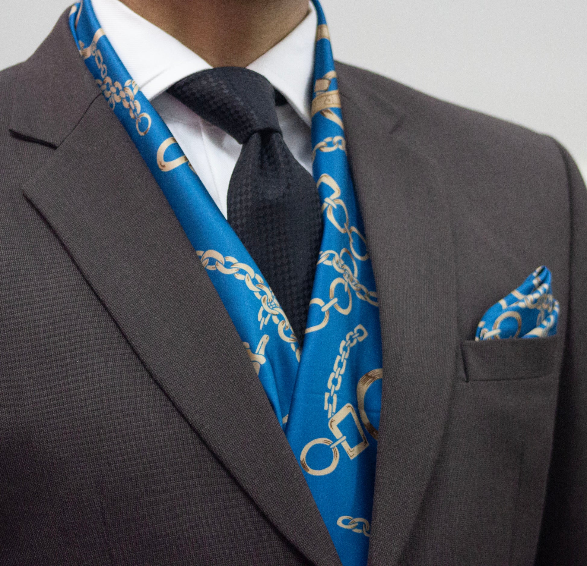Light Blue Base with Golden Brown Chain Patern Scarf and Pocket Square Set