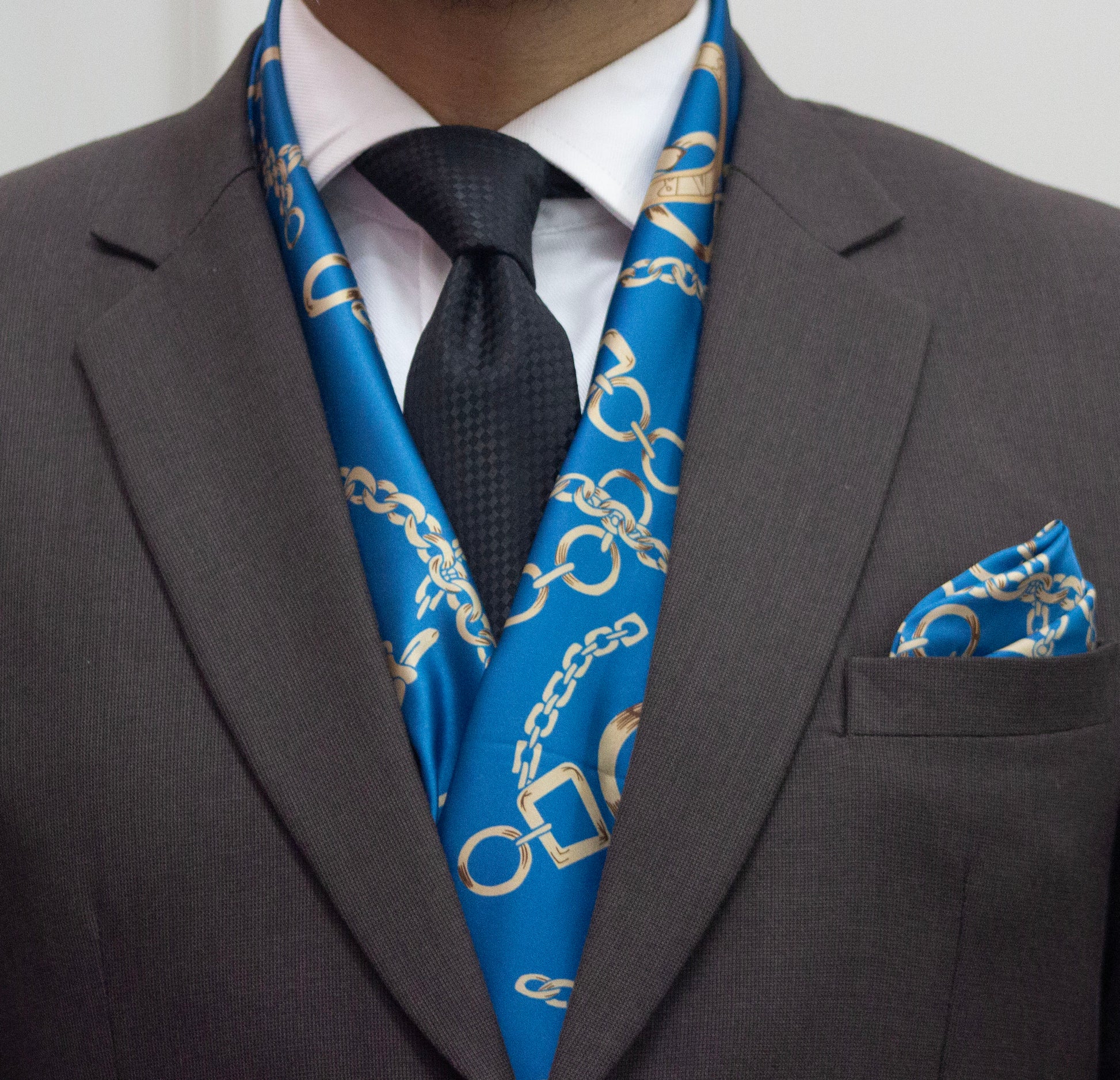 Light Blue Base with Golden Brown Chain Patern Scarf and Pocket Square Set