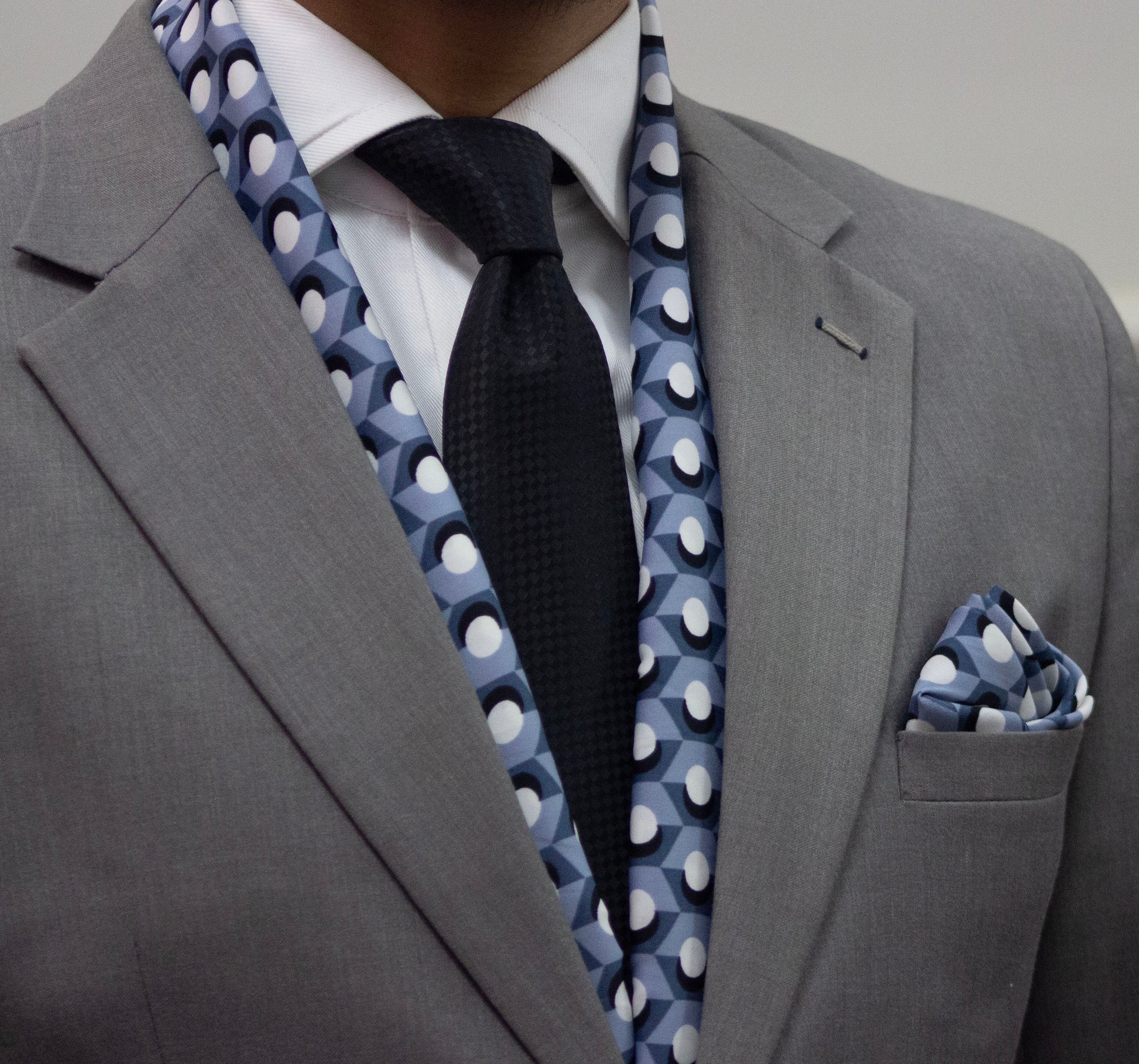 Greyish Blue Base with Repeat Pattern Scarf and Pocket Square Set