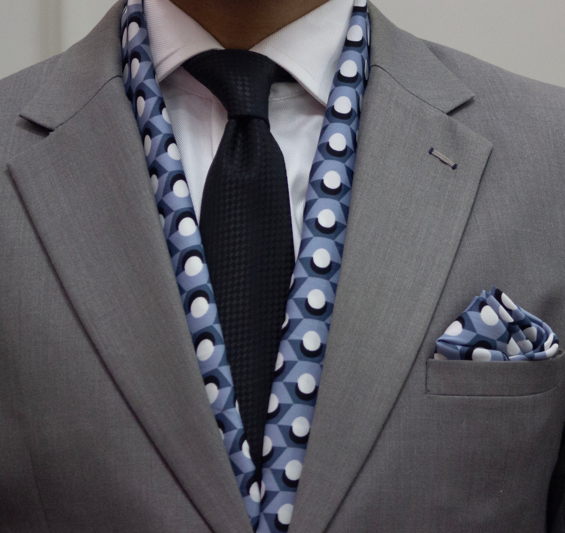 Greyish Blue Base with Repeat Pattern Scarf and Pocket Square Set