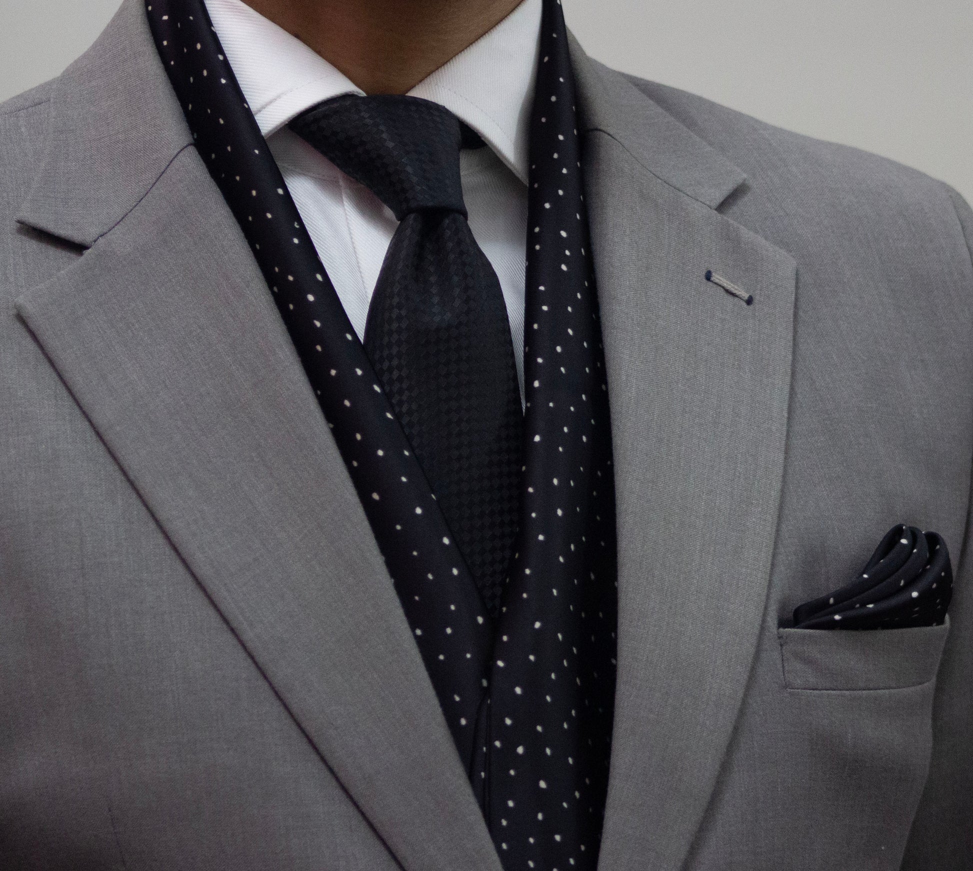 Jet Black Base with White Dots Scarf and Pocket Square Set