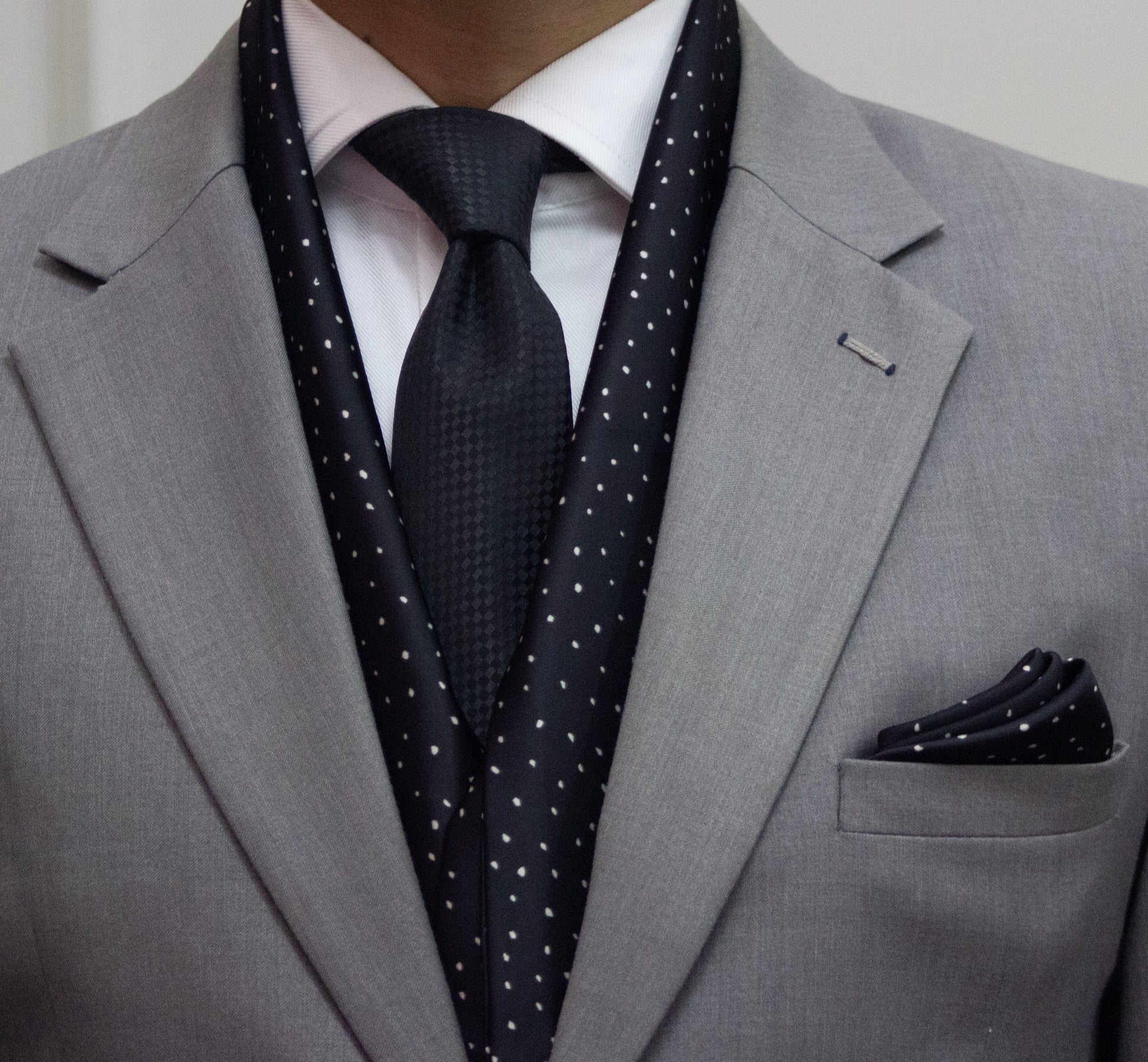 Jet Black Base with White Dots Scarf and Pocket Square Set
