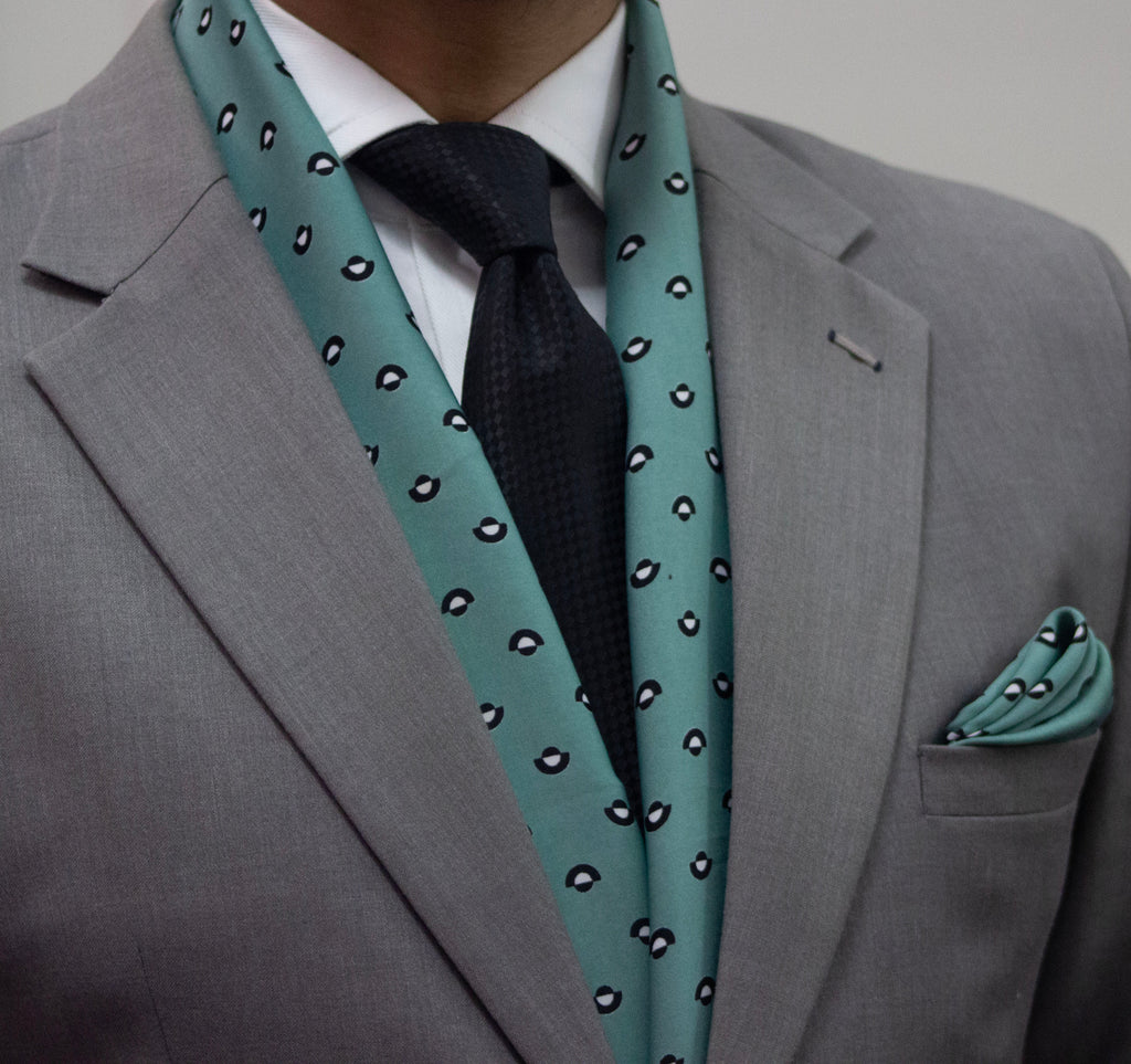 Cyan Base with Black and White Spots Scarf and Pocket Square Set