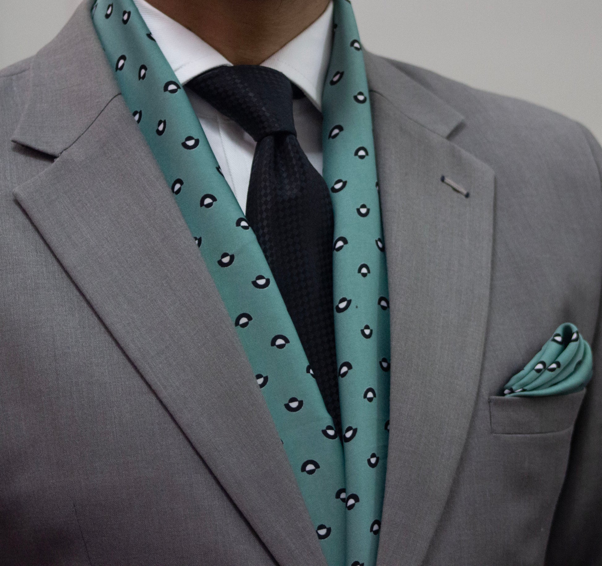 Cyan Base with Black and White Spots Scarf and Pocket Square Set