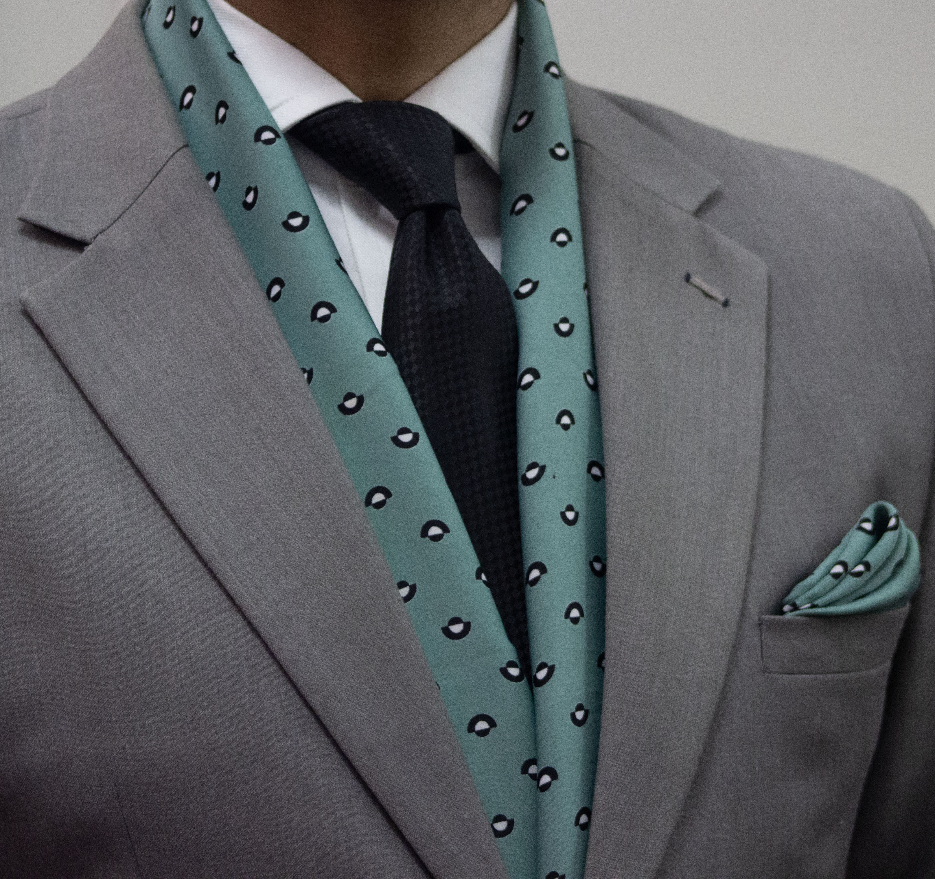 Cyan Base with Black and White Spots Scarf and Pocket Square Set