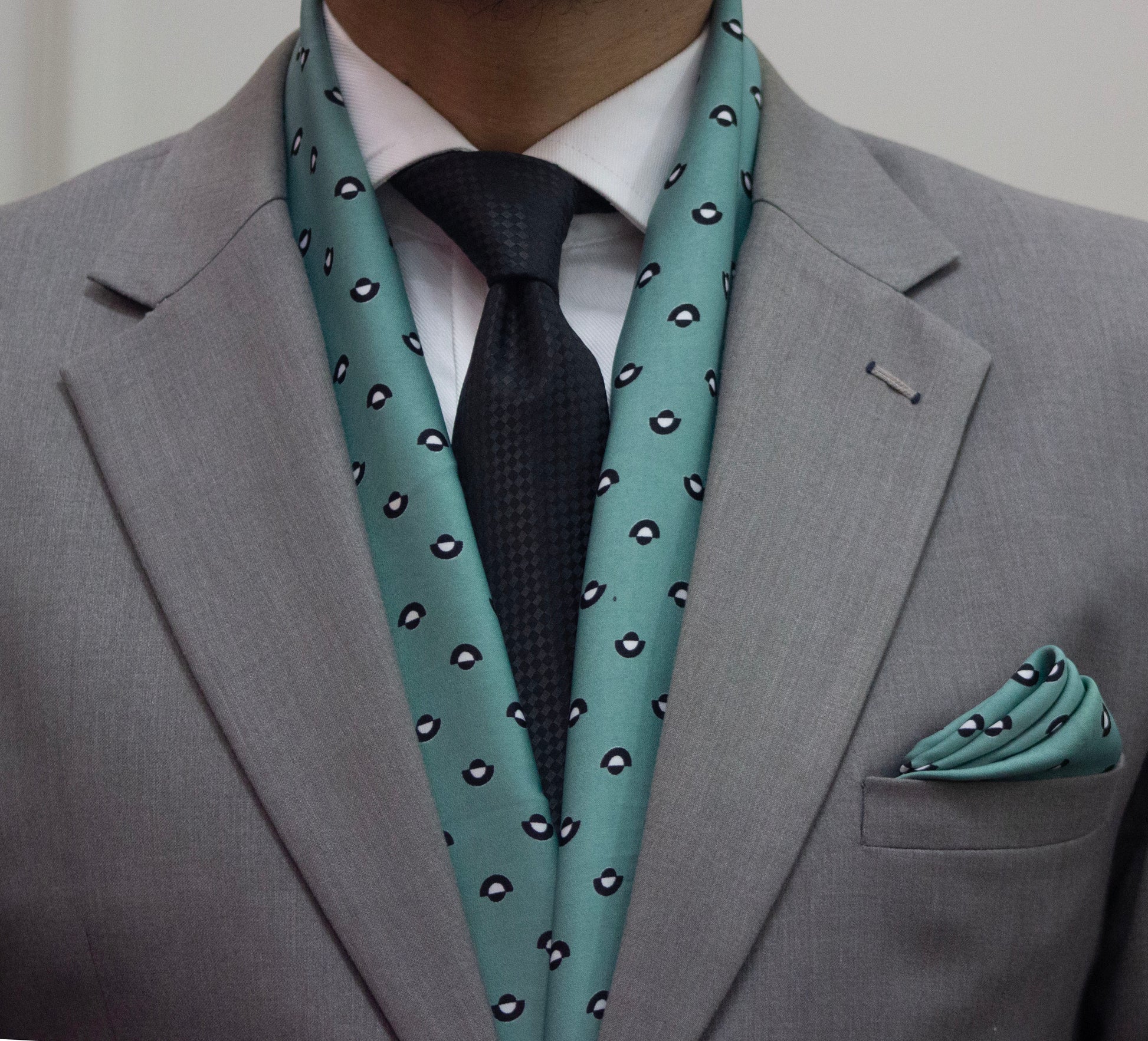 Cyan Base with Black and White Spots Scarf and Pocket Square Set