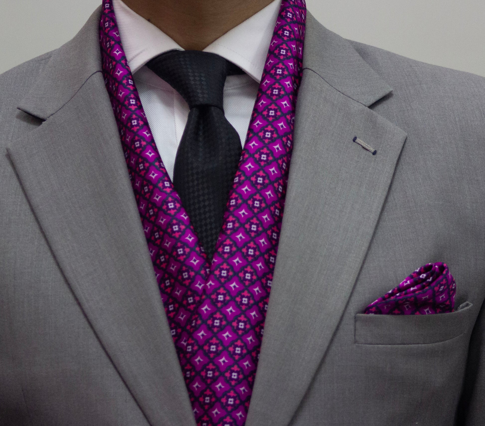 Magenta Motif Check Scarf and Pocket Square Set