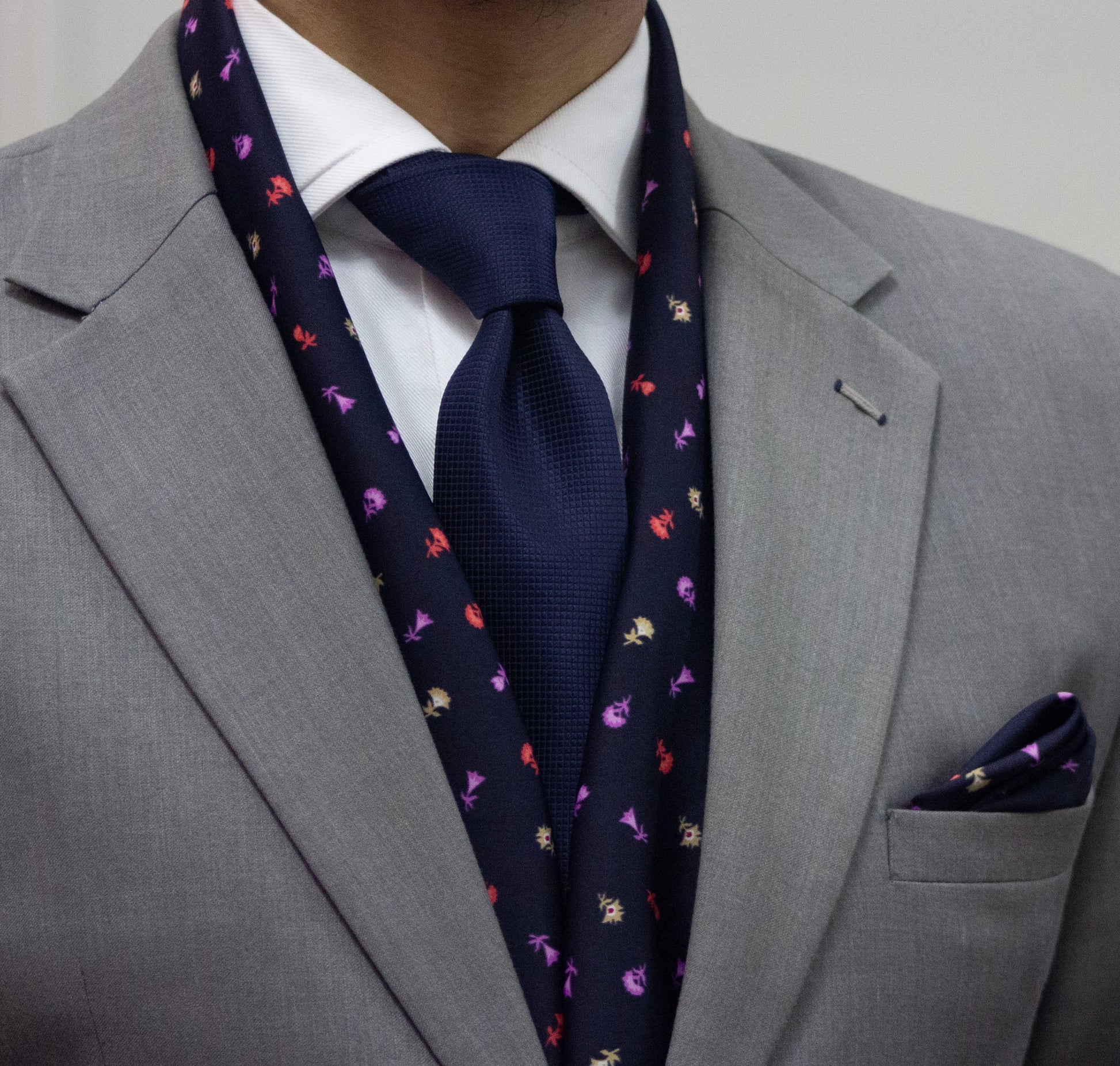 Blue Base with Colorful Small Flowers Scarf and Pocket Square Set