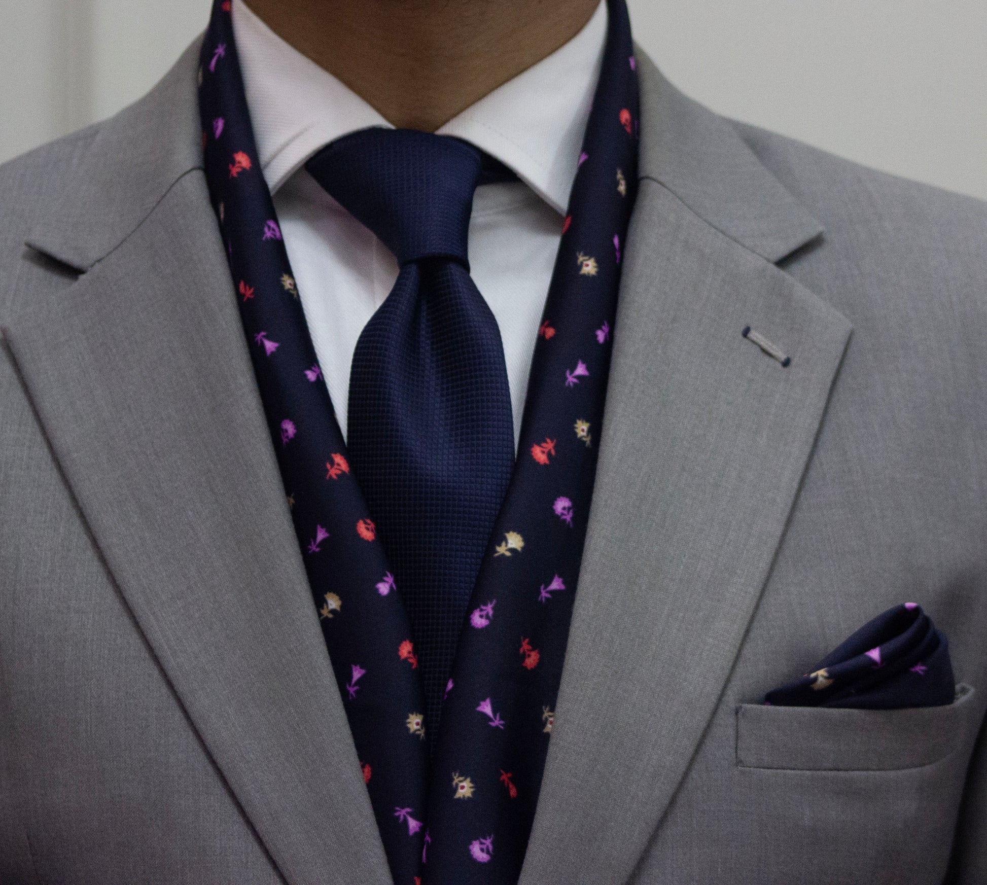 Blue Base with Colorful Small Flowers Scarf and Pocket Square Set