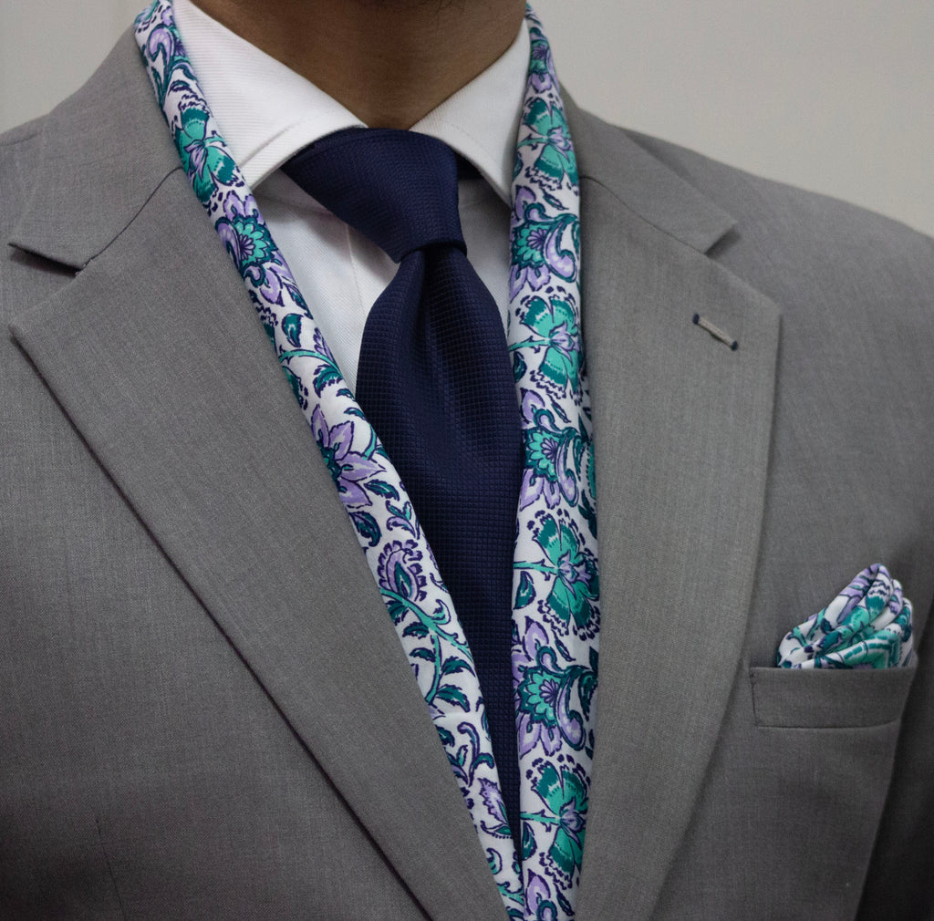 White Base with Pastel Floral Pattern Scarf and Pocket Square Set