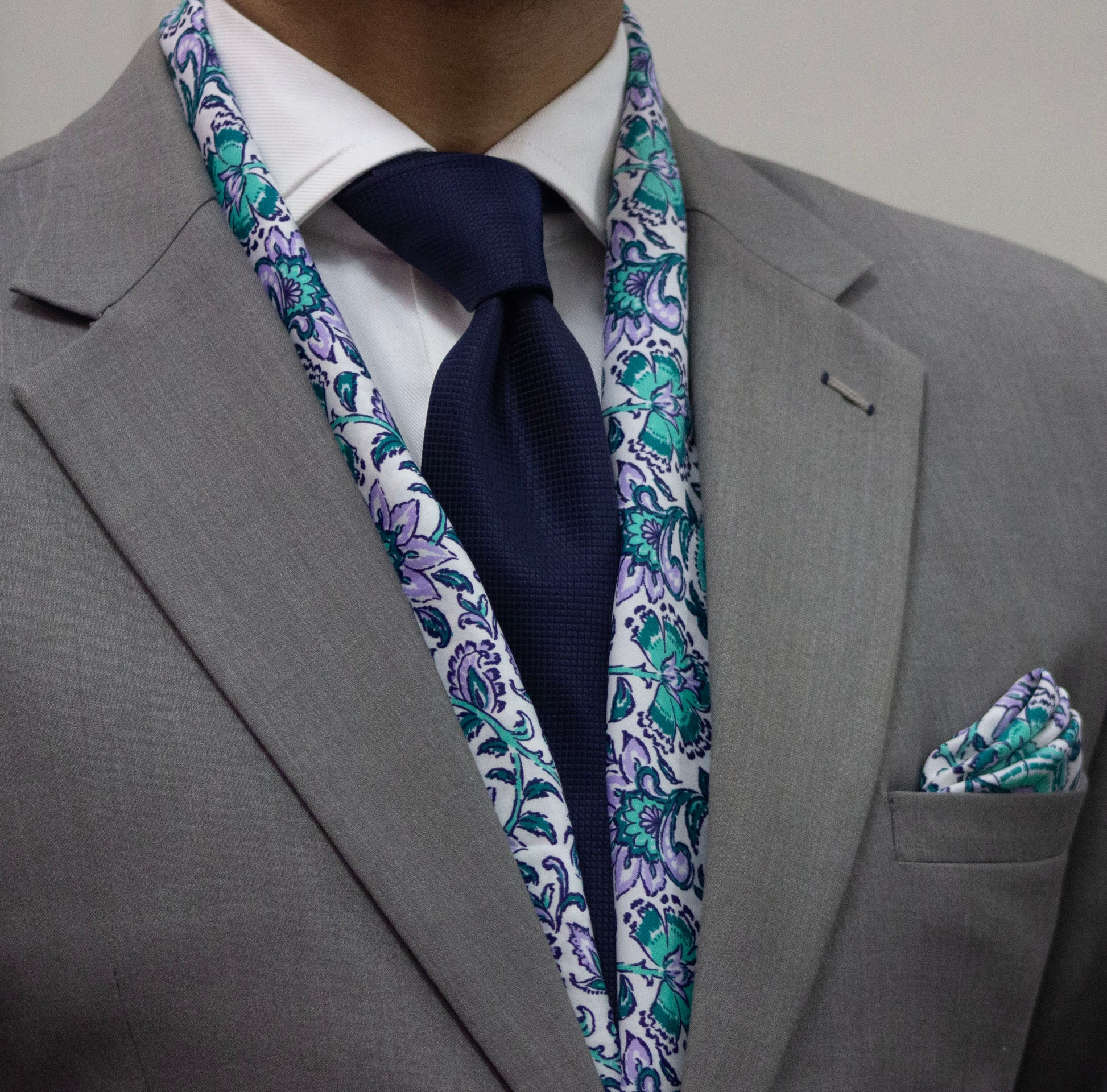 White Base with Pastel Floral Pattern Scarf and Pocket Square Set
