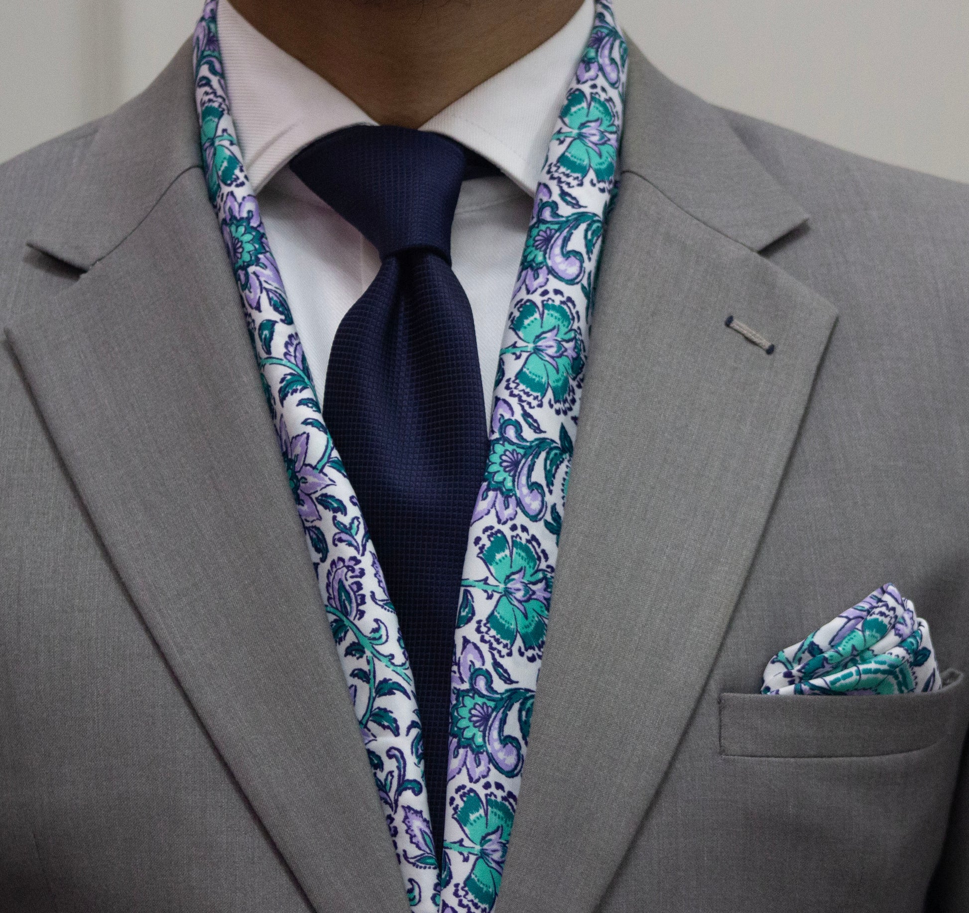White Base with Pastel Floral Pattern Scarf and Pocket Square Set