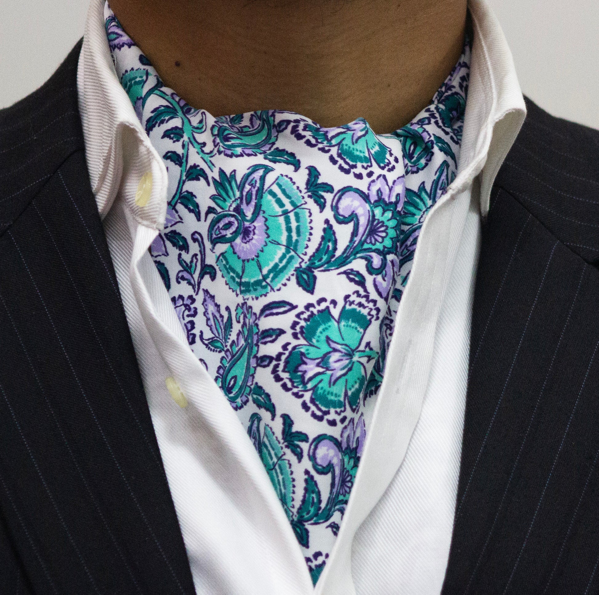 WHITE BASE WITH PASTEL FLORAL CRAVAT AND POCKET SQUARE SET