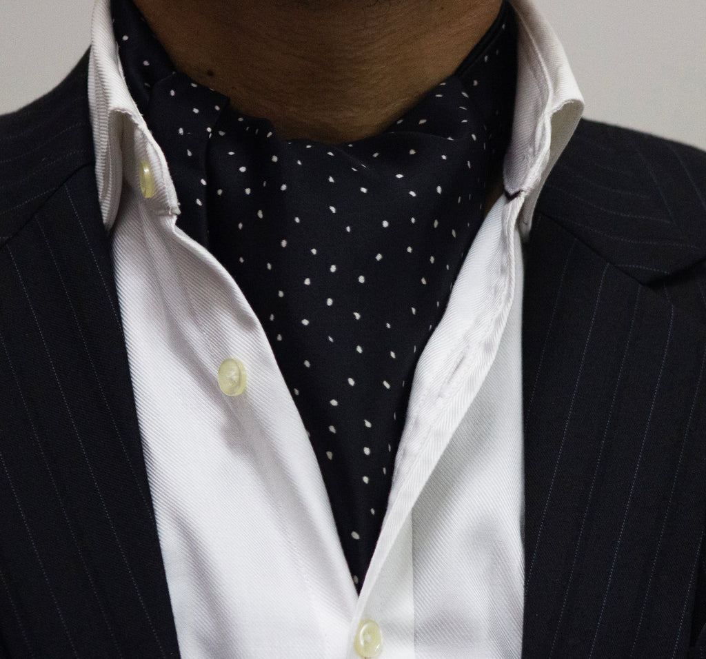 JET BLACK WITH WHITE DOTS CRAVAT AND POCKET SQUARE SET