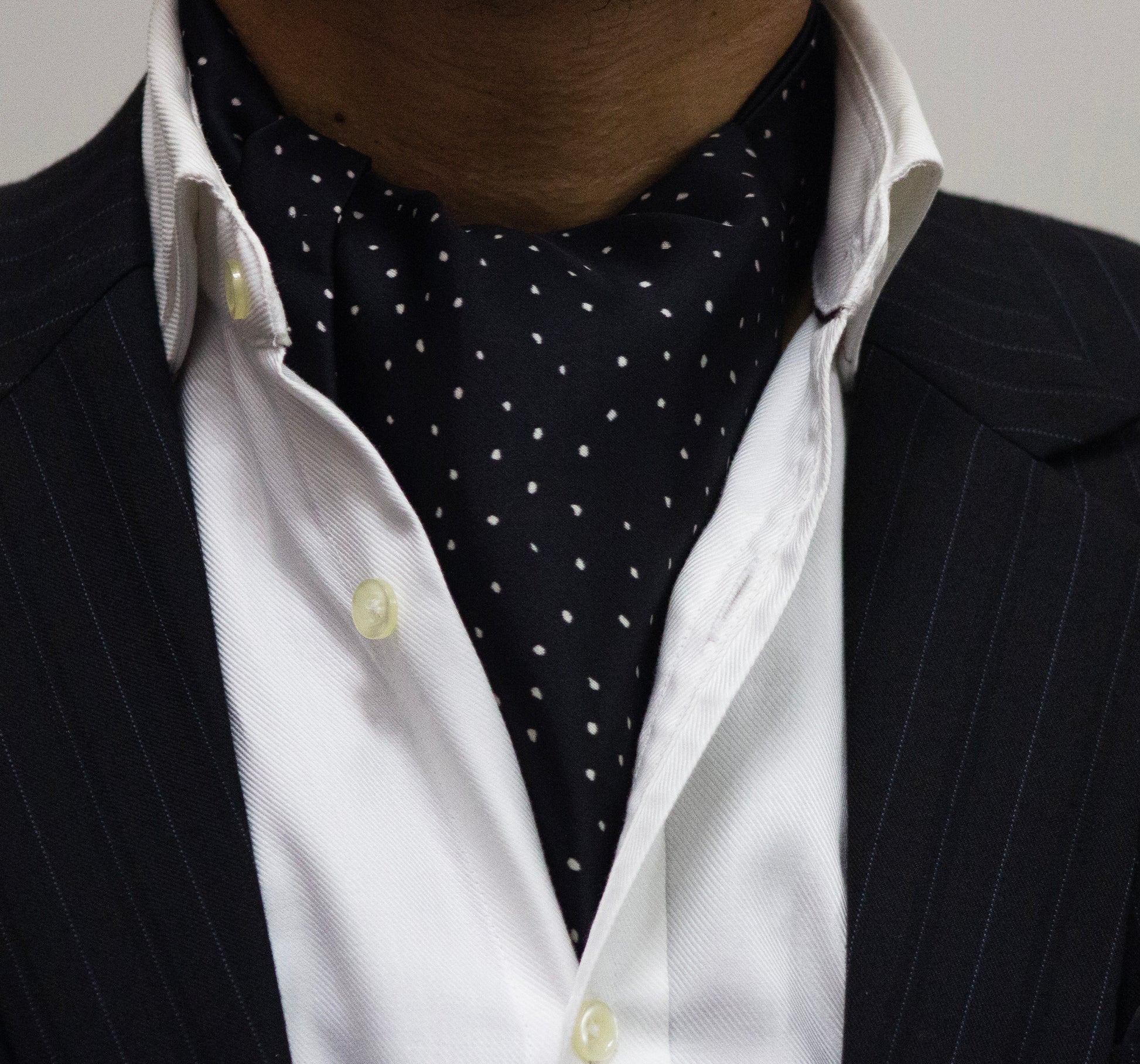 JET BLACK WITH WHITE DOTS CRAVAT AND POCKET SQUARE SET