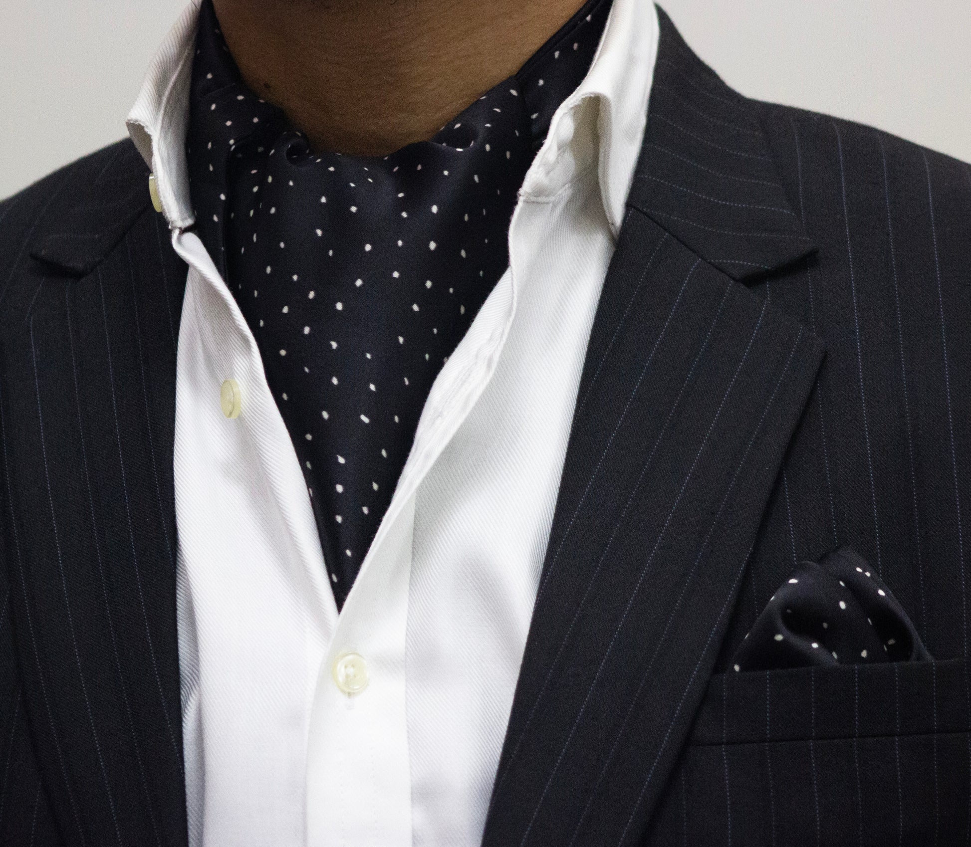 JET BLACK WITH WHITE DOTS CRAVAT AND POCKET SQUARE SET