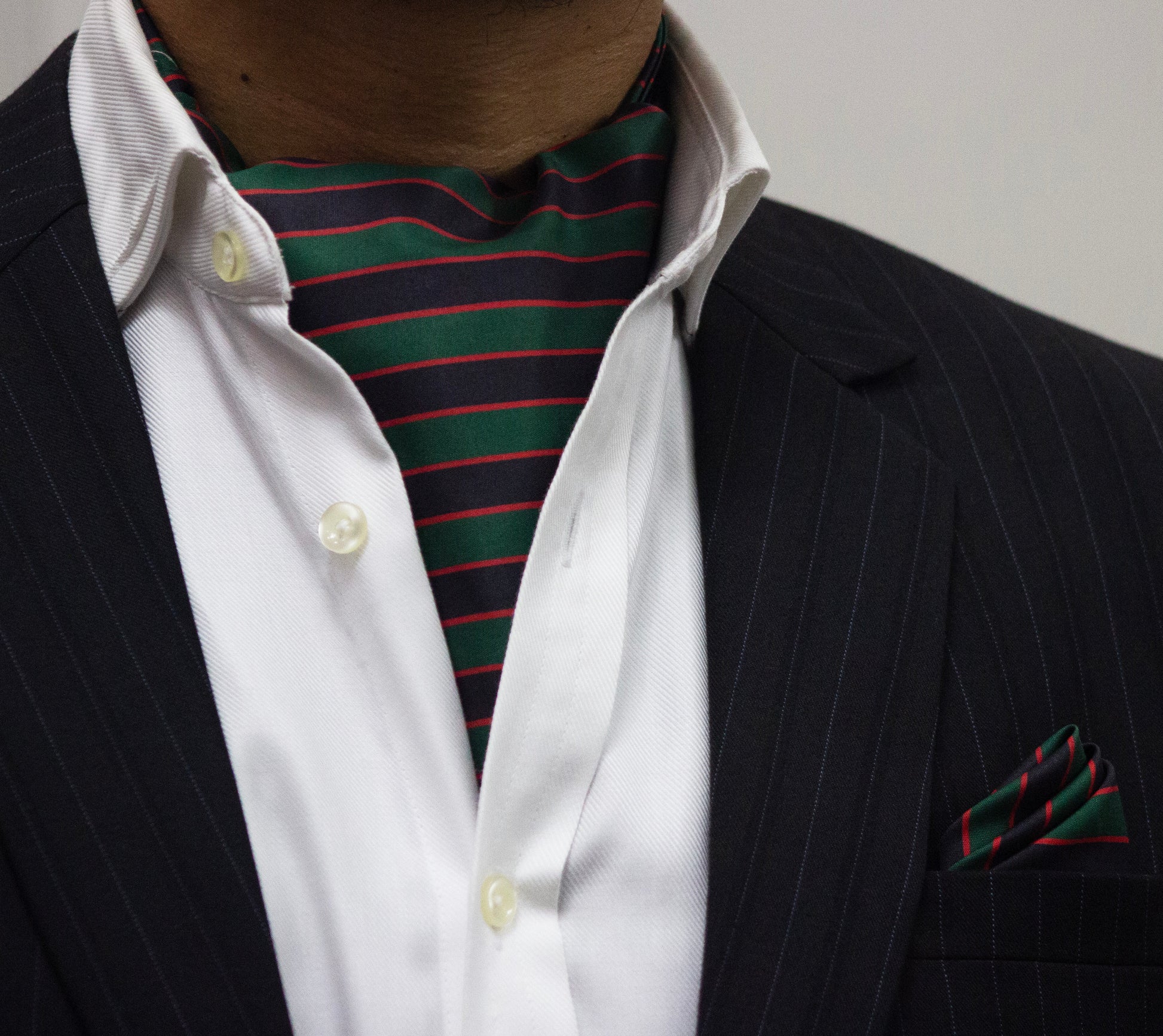 GREEN, RED STRIPED CRAVAT AND POCKET SQUARE SET