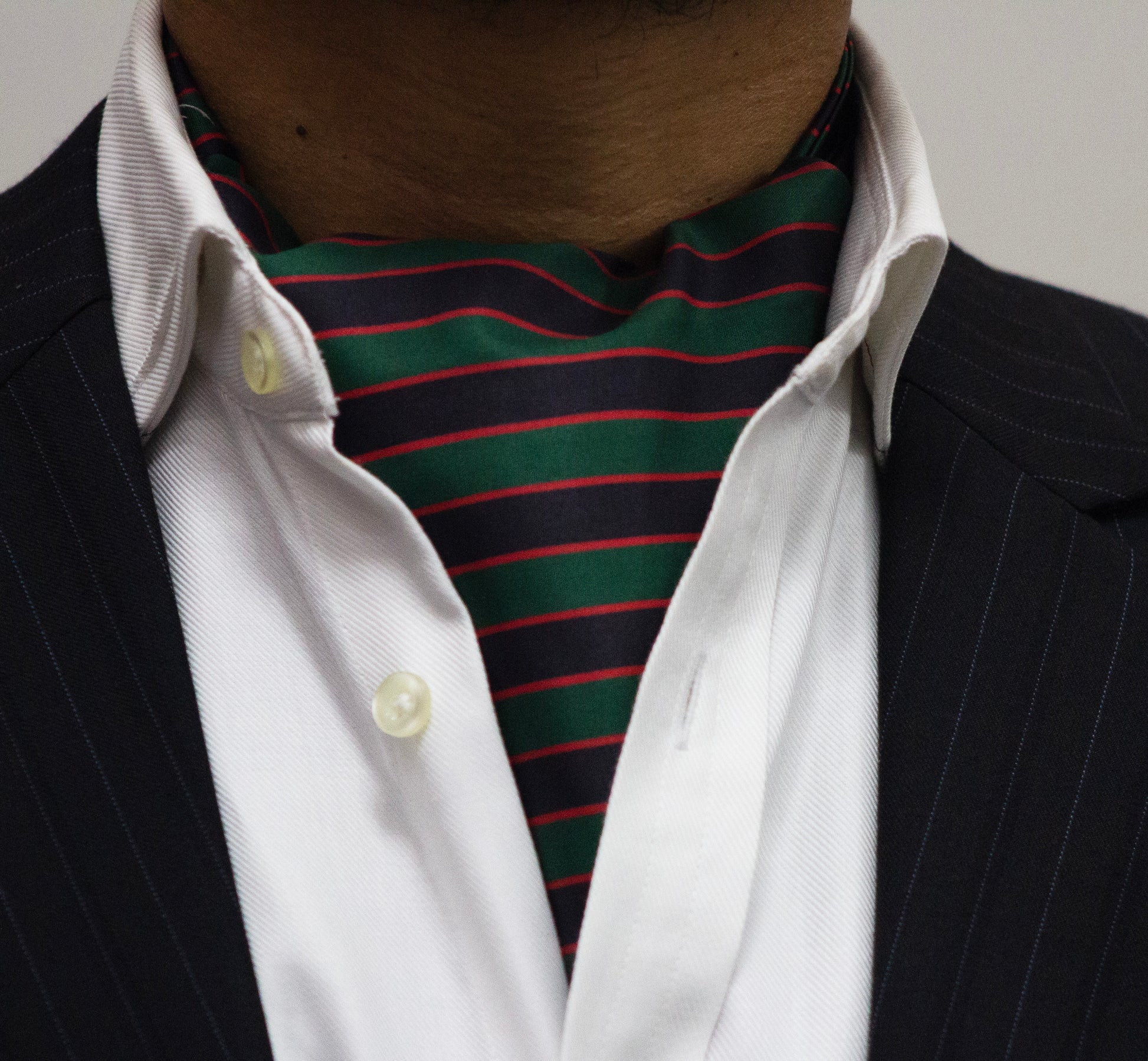 GREEN, RED STRIPED CRAVAT AND POCKET SQUARE SET