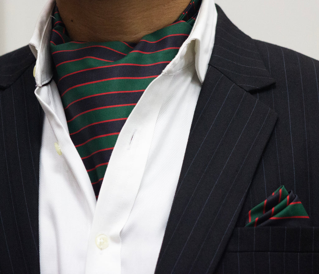 GREEN, RED STRIPED CRAVAT AND POCKET SQUARE SET