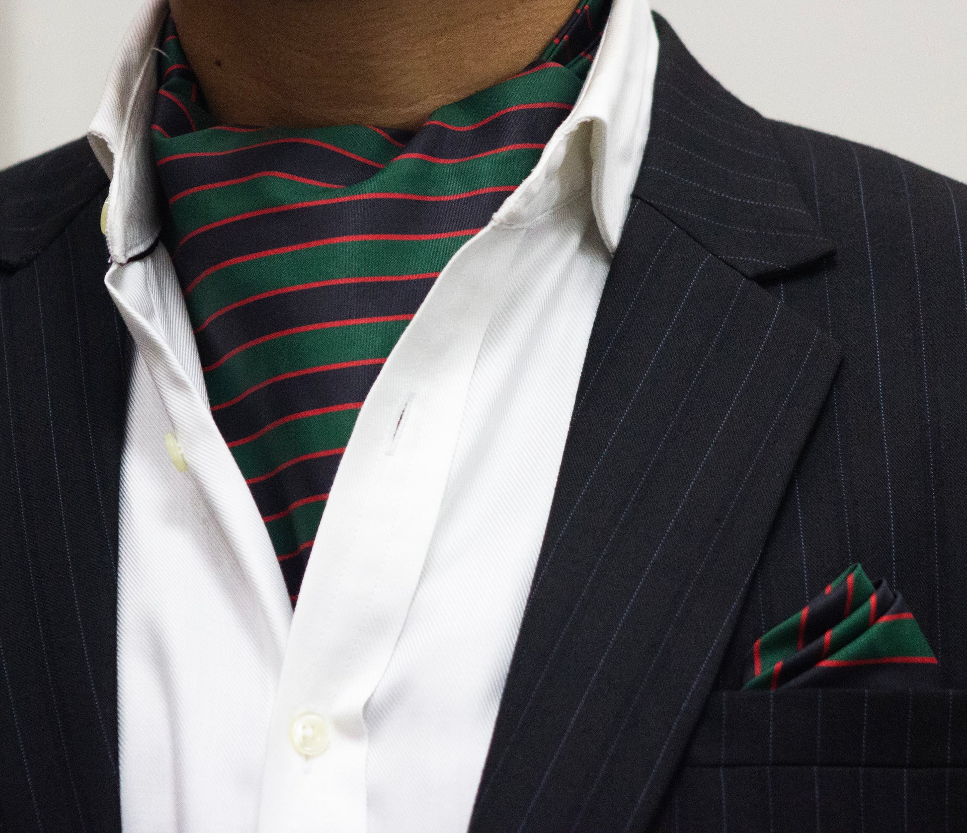 GREEN, RED STRIPED CRAVAT AND POCKET SQUARE SET