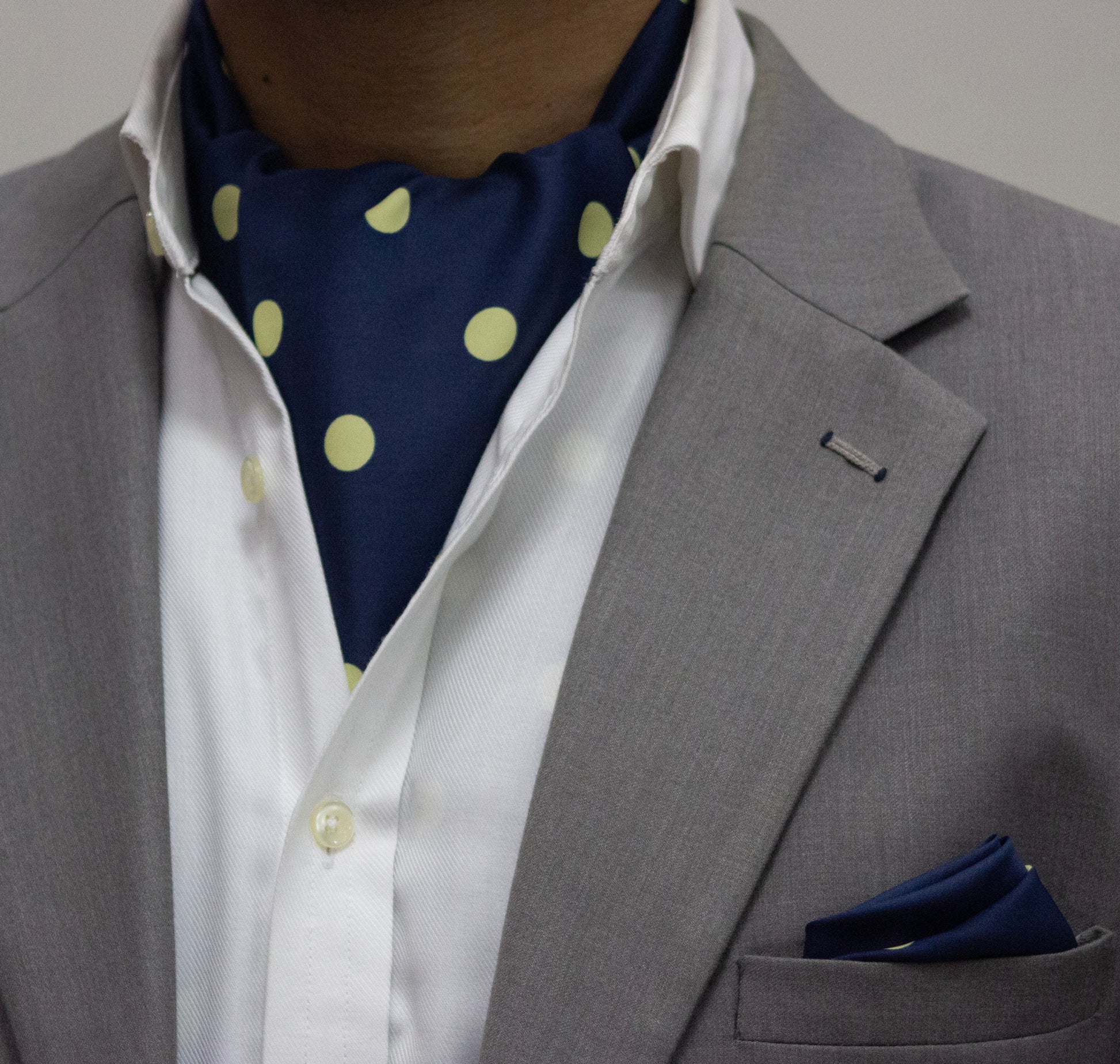 BLUE WITH YELLOW POLKA SPOTS CRAVAT AND POCKET SQUARE SET