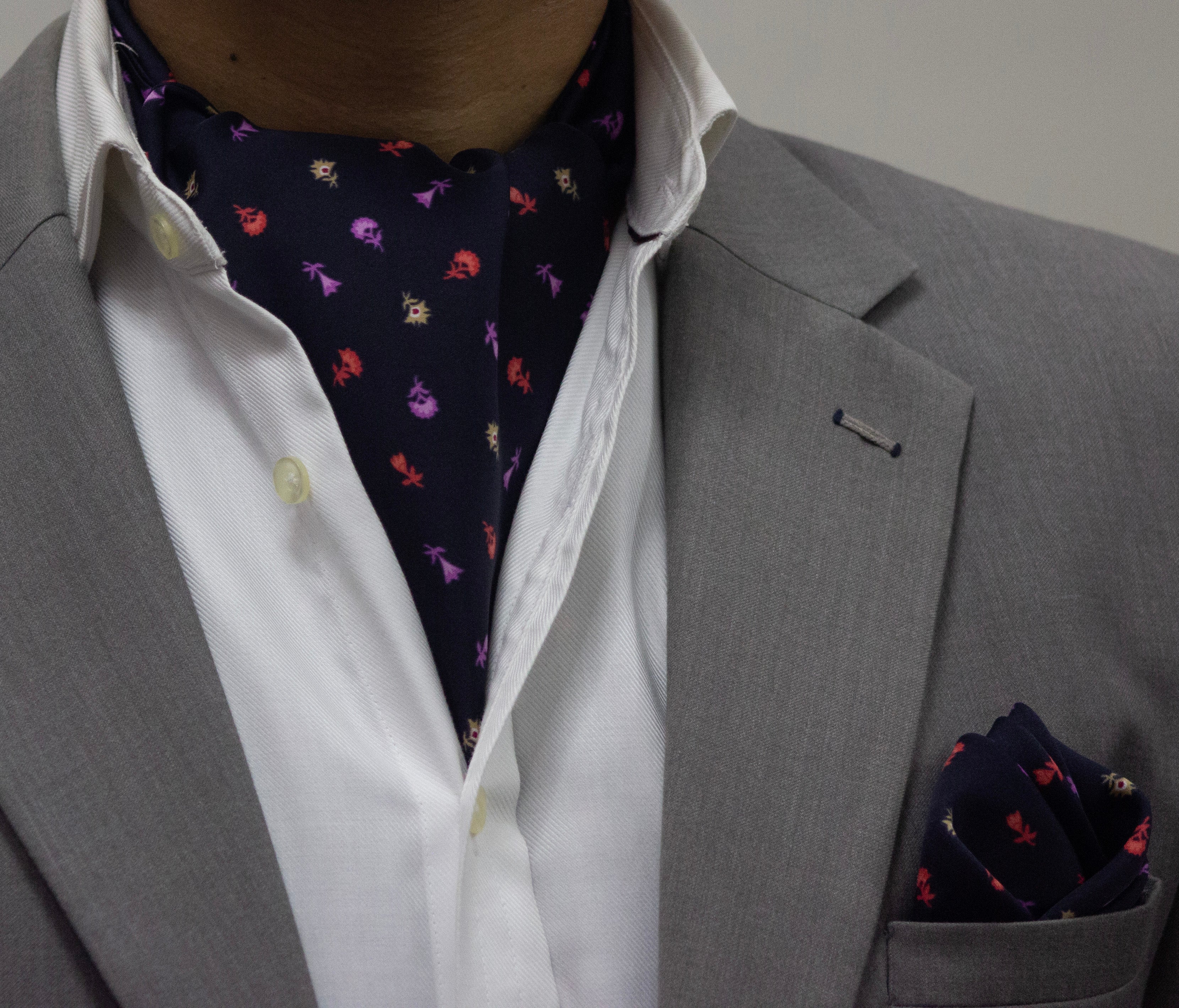 BLUE BASE WITH COLORFUL FLOWERS CRAVAT AND POCKET SQUARE SET