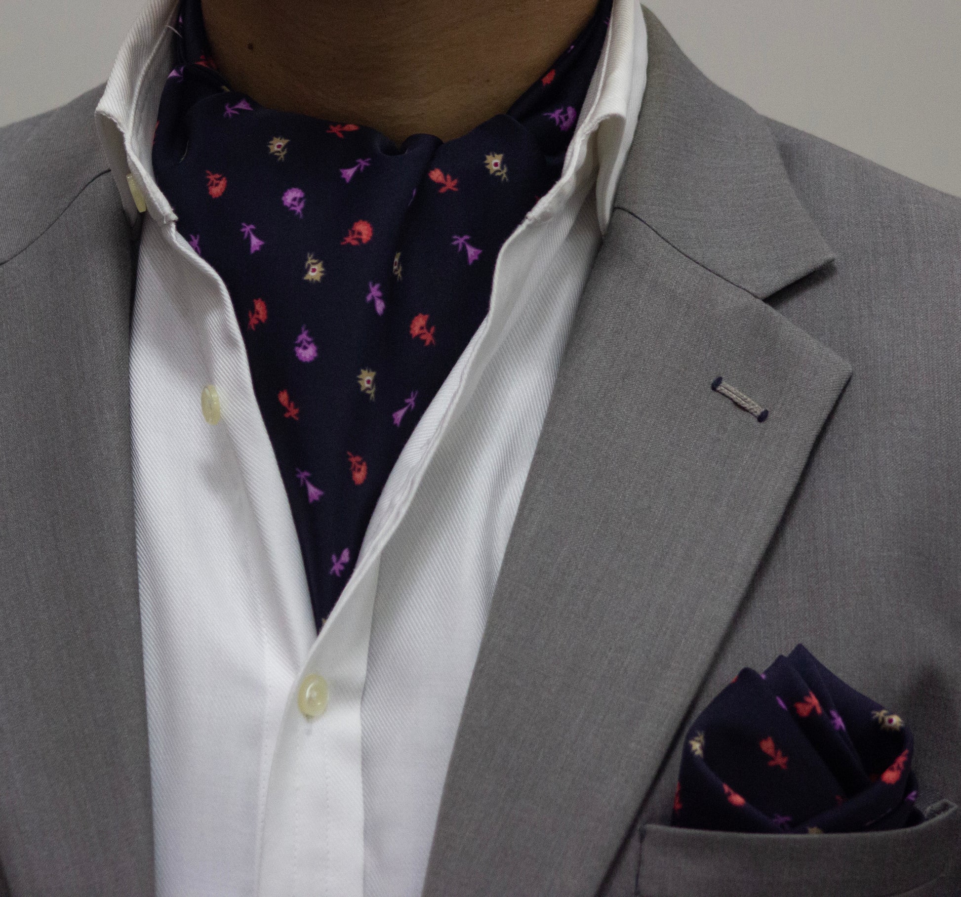 BLUE BASE WITH COLORFUL FLOWERS CRAVAT AND POCKET SQUARE SET