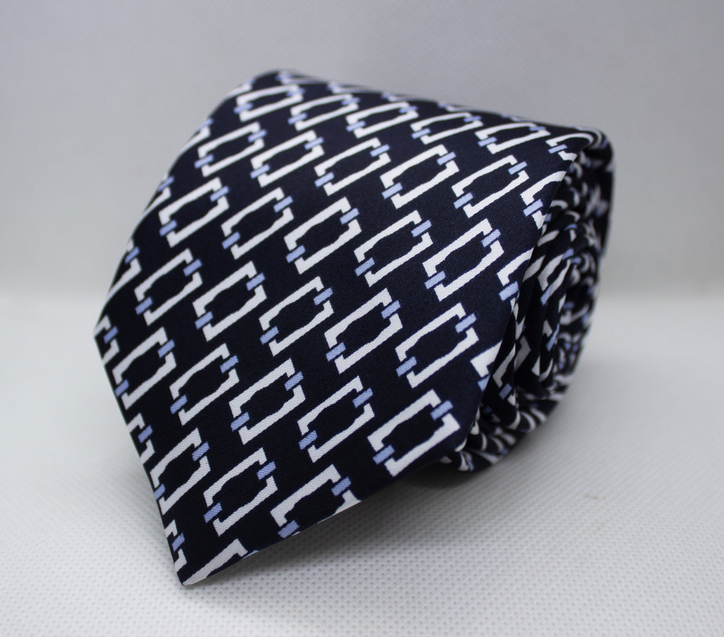 100% Polyester Blue and White Continuous Chain Pattern Premium Tie Set