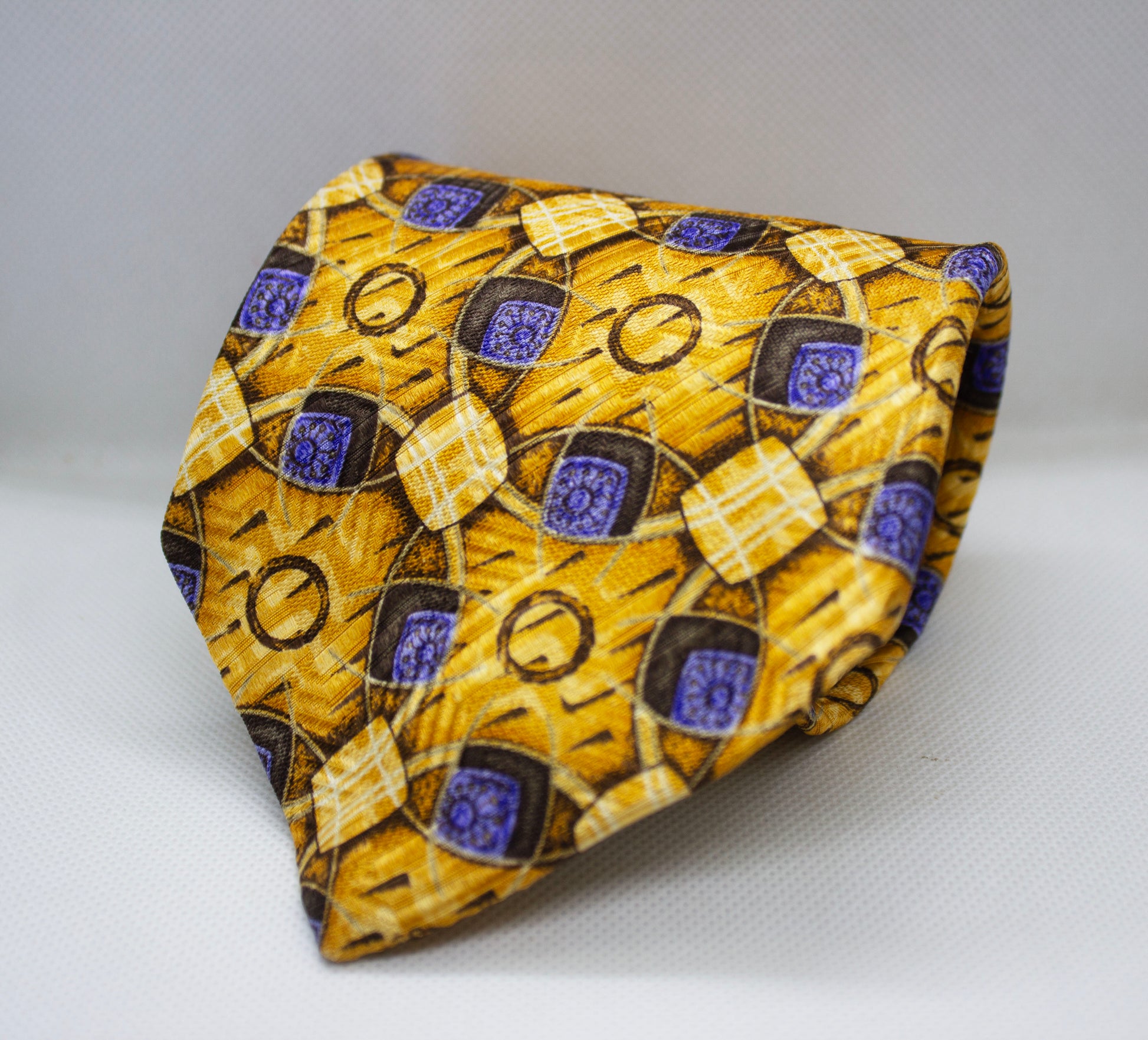 100% Silk Yellow Geometric Broad Tie