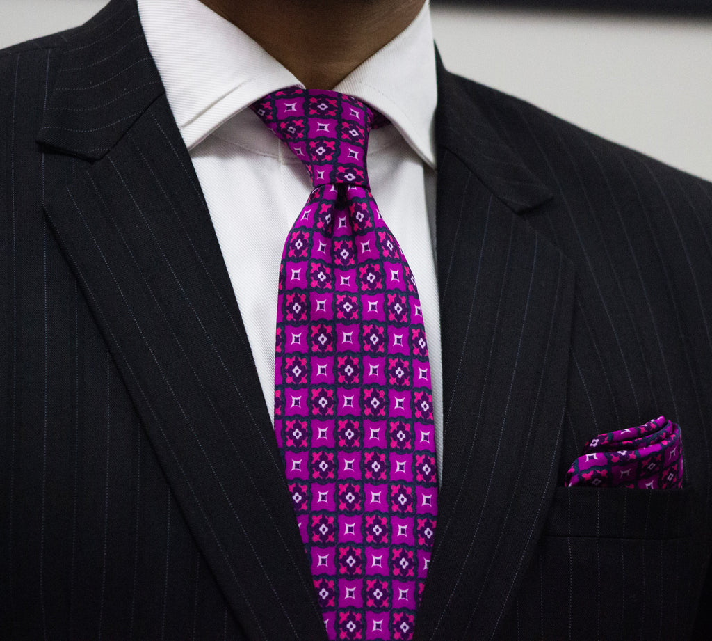100% Polyester Magenta Motif Check Premium Tie Set