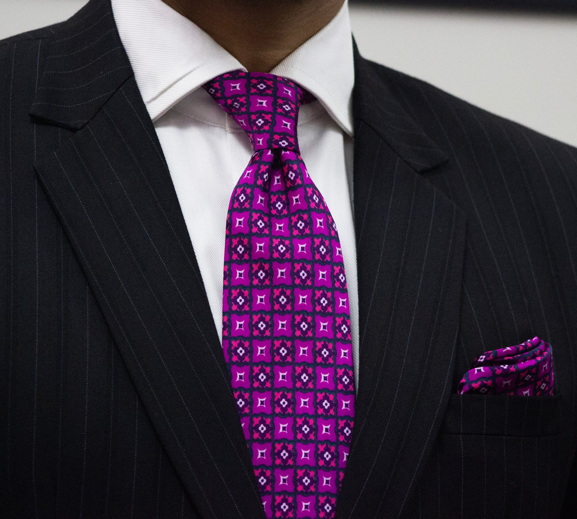 100% Polyester Magenta Motif Check Premium Tie Set