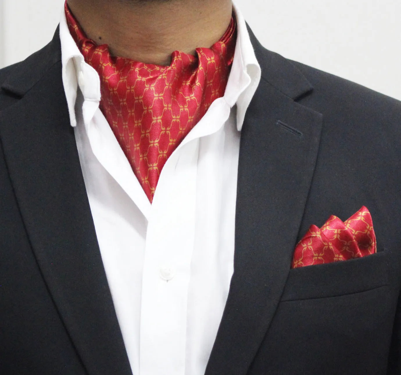Red Base with Golden Pattern Cravat and Pocket Square Set