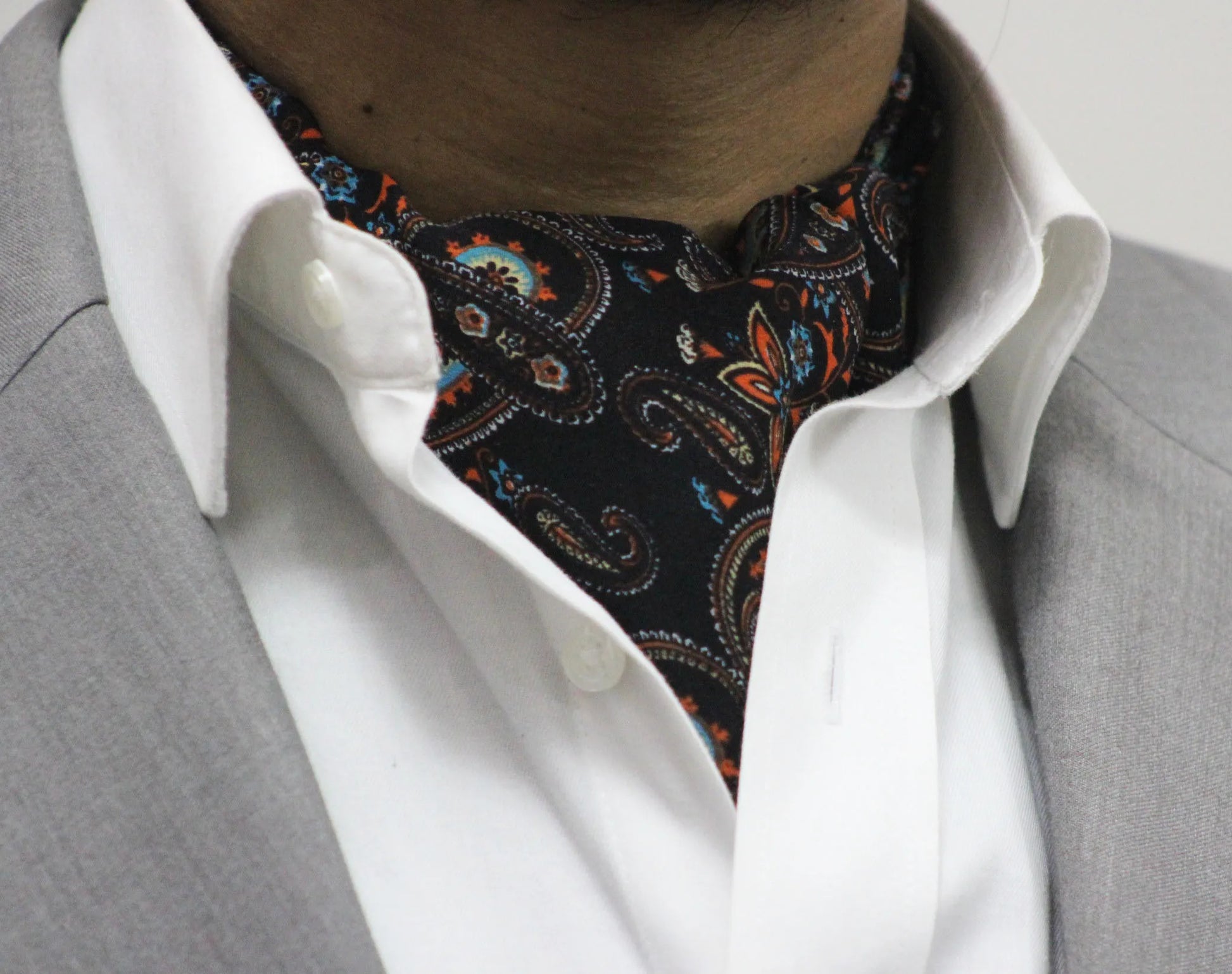 Black Base with Multicolor Paisley Pattern Cravat and Pocket Square Set