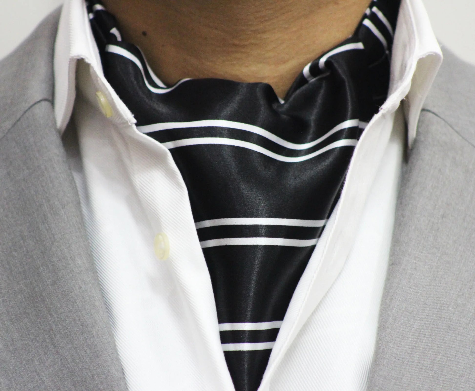 Jet Black with Dual White Stripes Cravat and Pocket Square Set