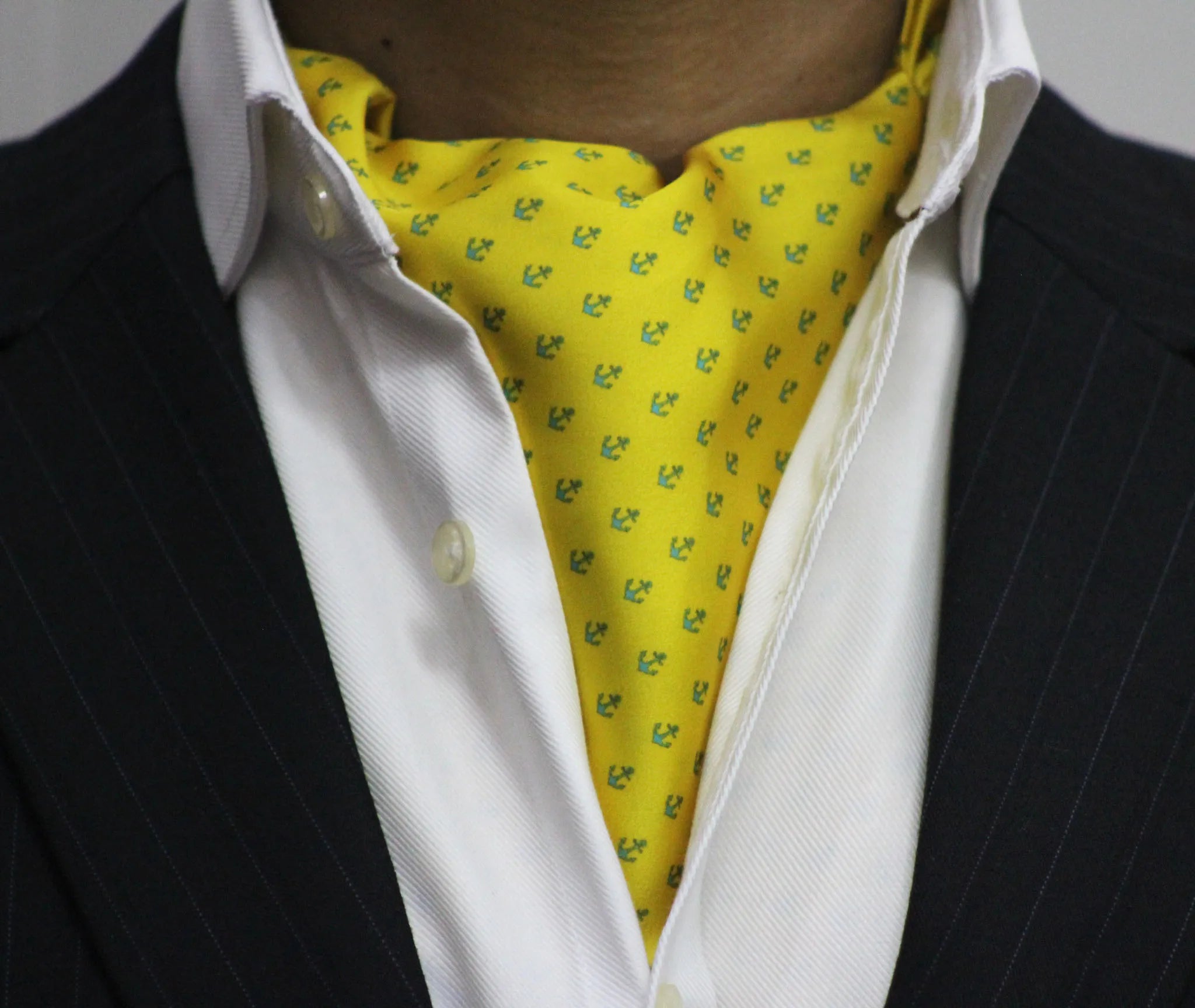 Lemon Yellow with Blue Anchor Cravat and Pocket Square Set