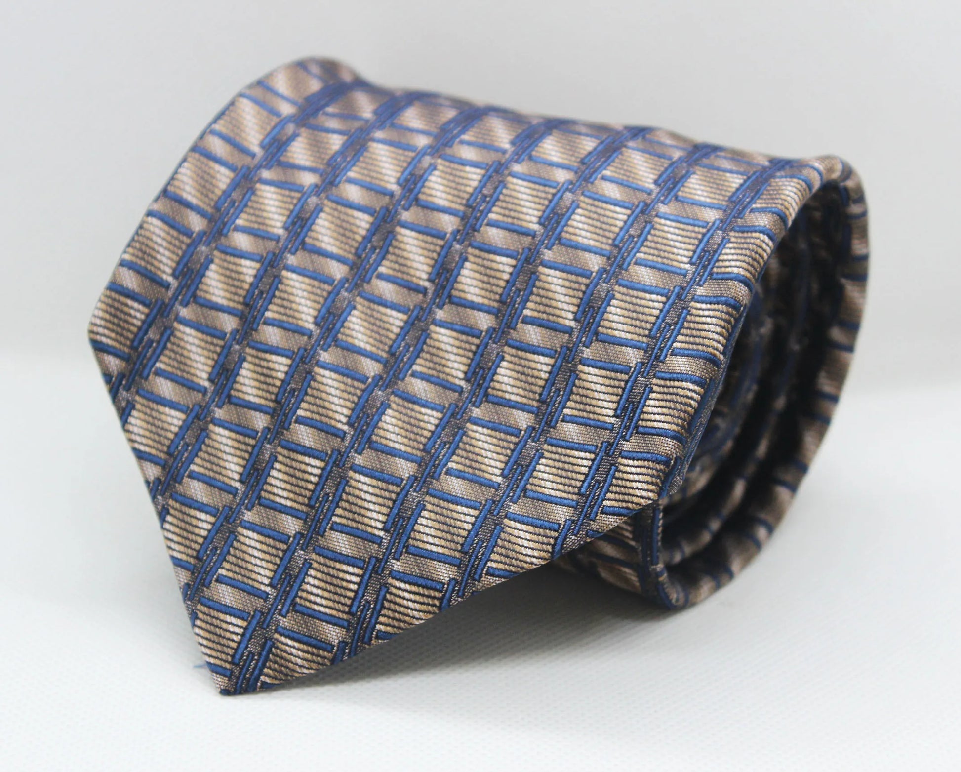 100% Silk Brown Base Blue Geometric Broad Tie