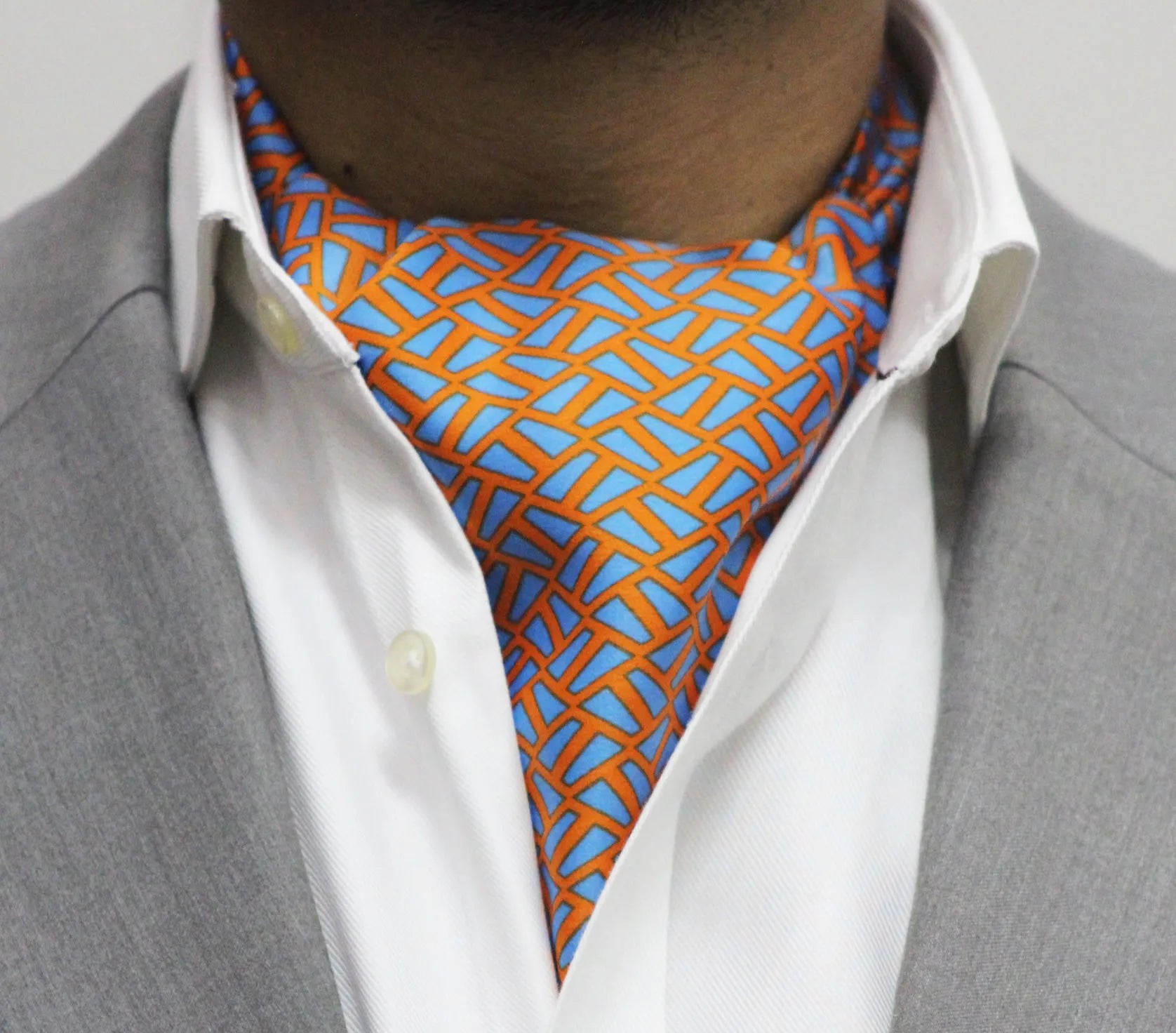 Orange Base Blue Cravat and Pocket Square Set