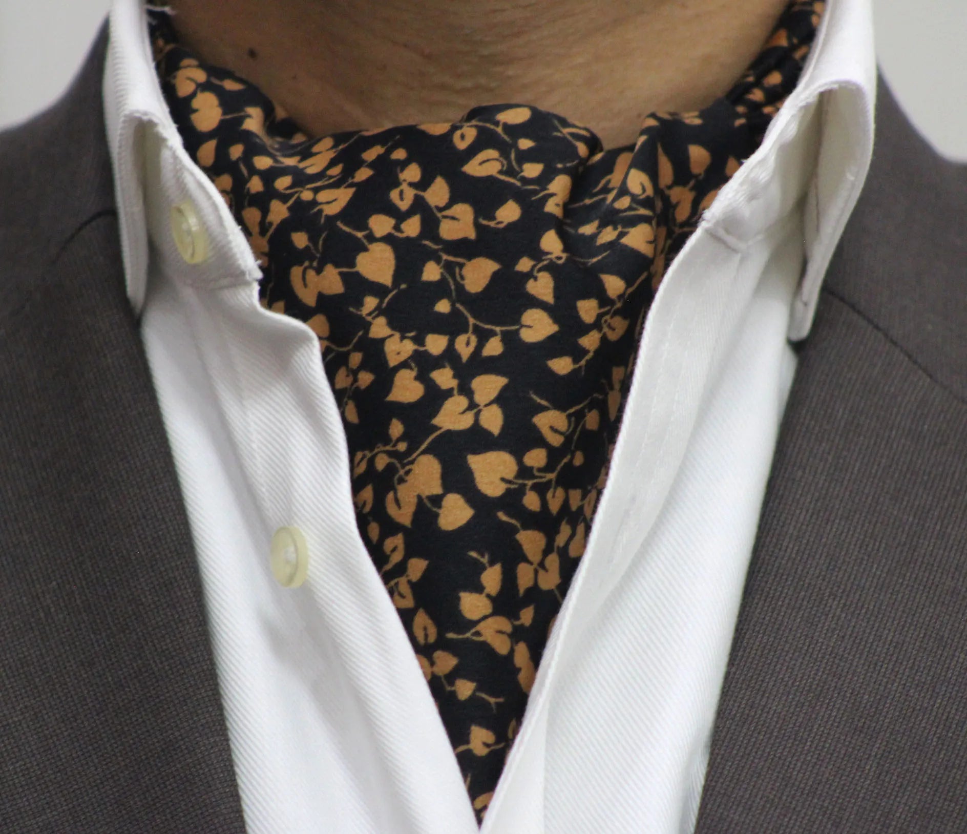 Black Base Brown Floral Cravat and Pocket Square Set