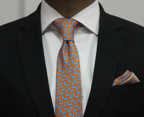 100% Microfiber Vibrant Orange with Floating Blue Planks Pattern Premium Tie Set