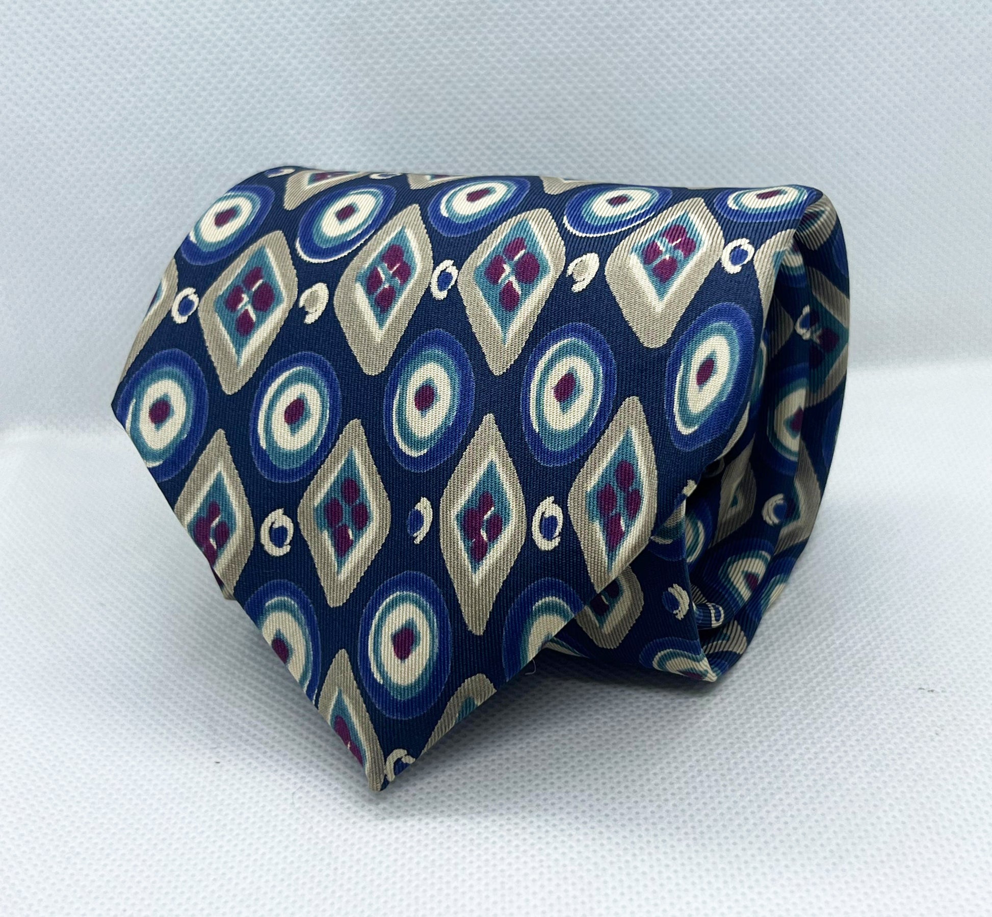 Navy Blue Silk Broad Tie with Beige Diamond & Circle Pattern