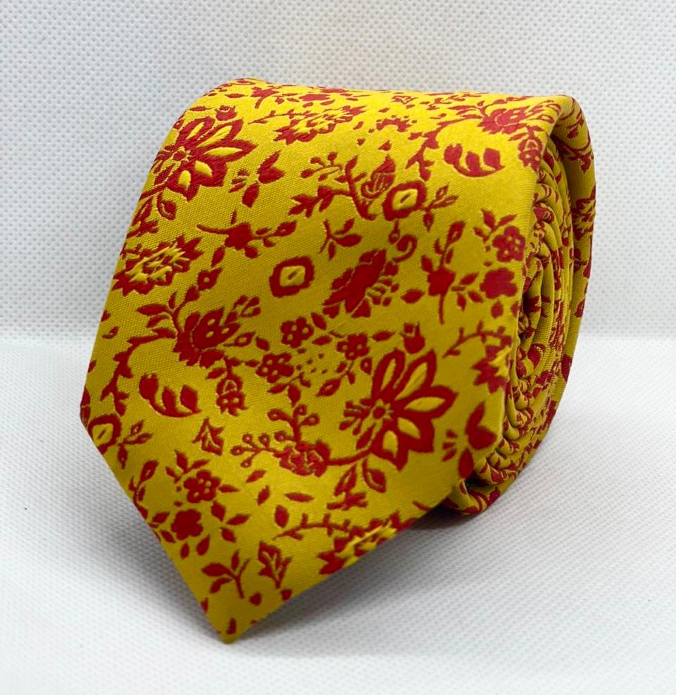 100% Polyester Golden Yellow Red Floral Elegance Tie