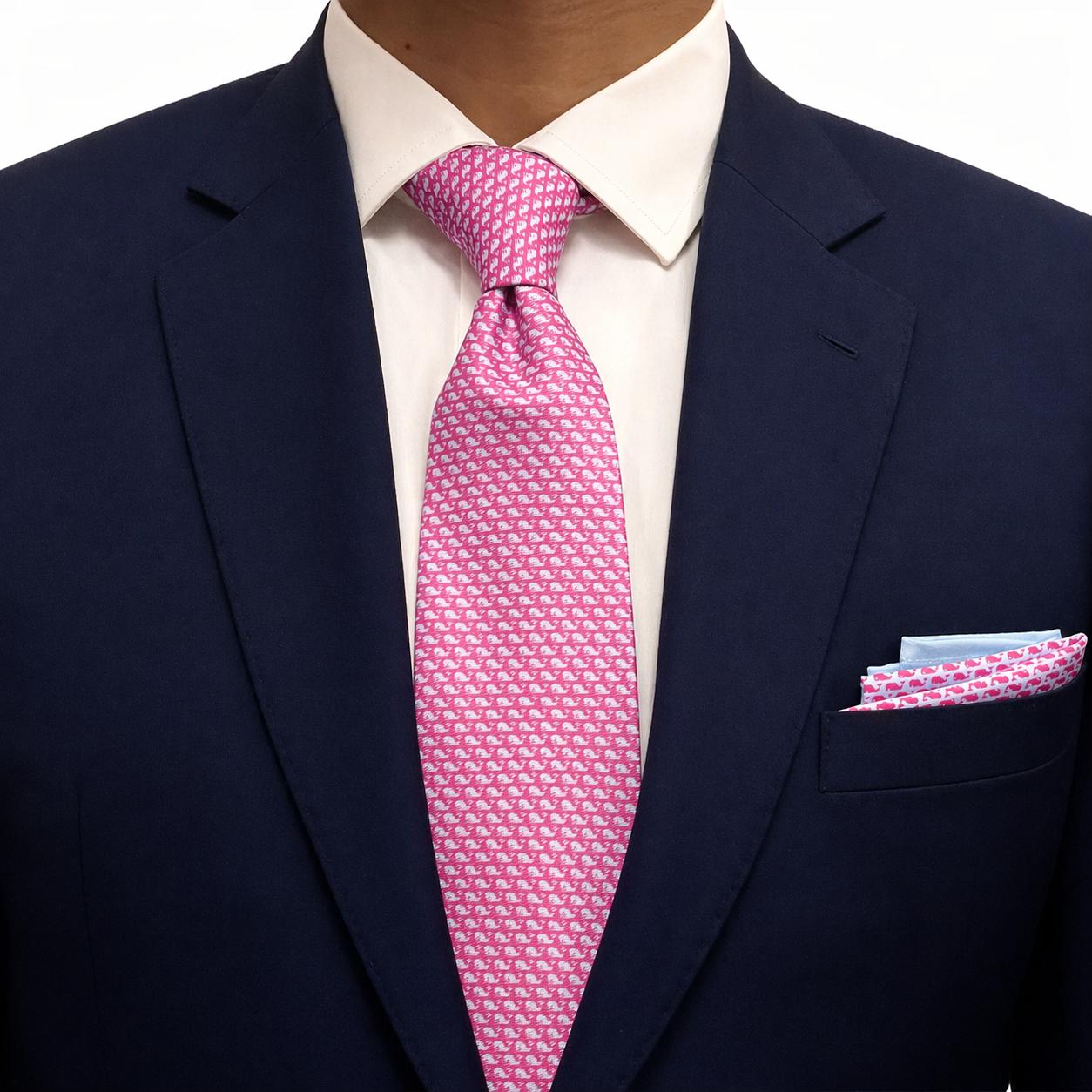 Small Pink Whale Pattern Polyester Tie and Pocket square set